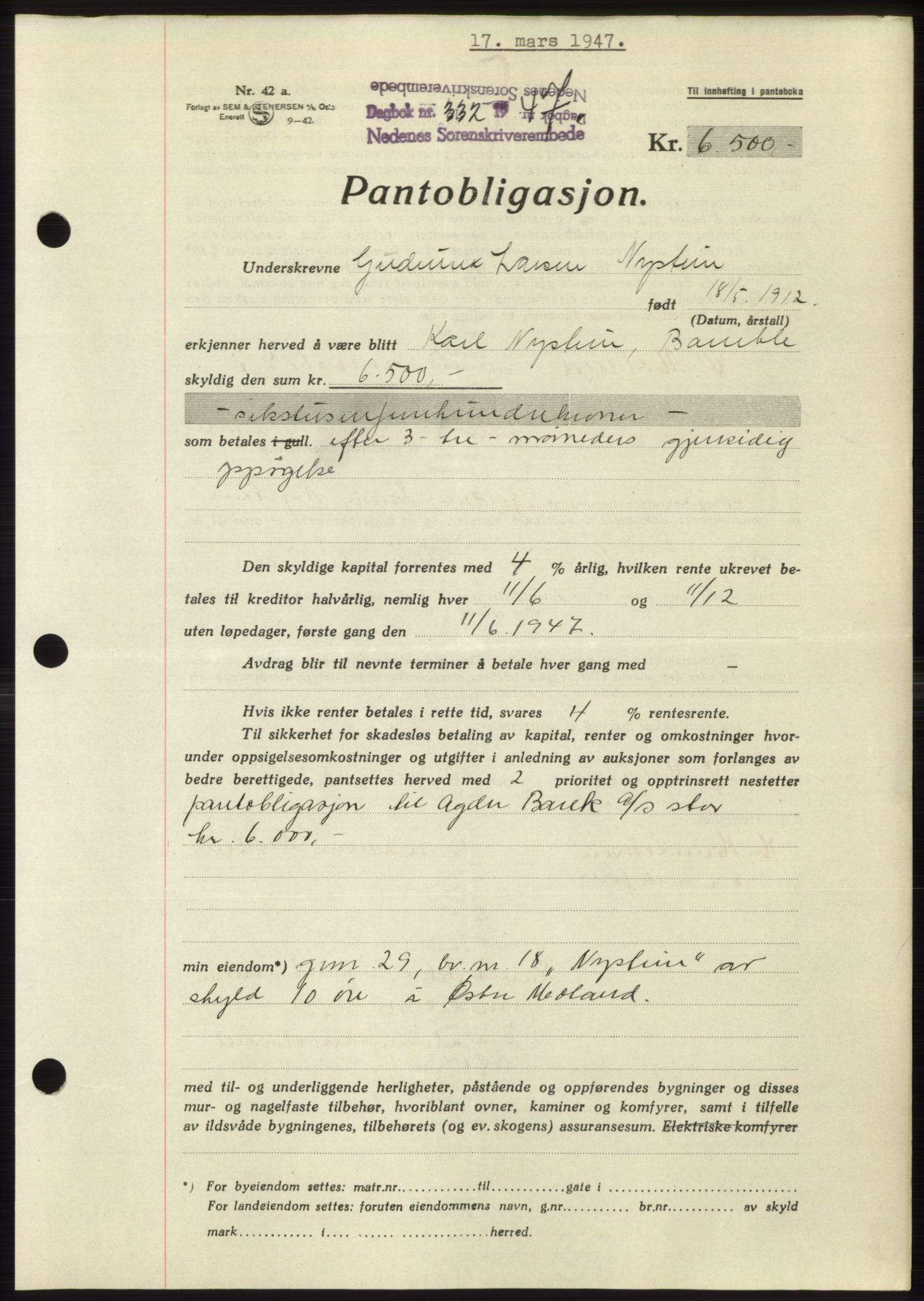 Nedenes sorenskriveri, AV/SAK-1221-0006/G/Gb/Gbb/L0004: Pantebok nr. B4, 1947-1947, Dagboknr: 332/1947