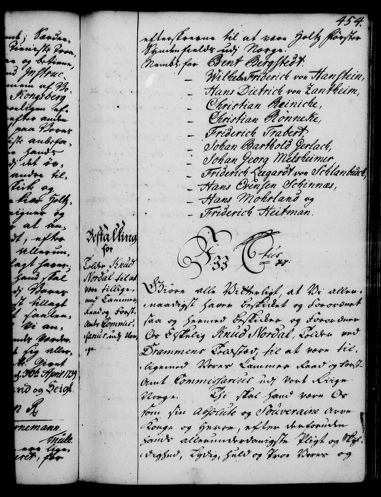Rentekammeret, Kammerkanselliet, RA/EA-3111/G/Gg/Gge/L0002: Norsk bestallingsprotokoll med register (merket RK 53.26), 1730-1744, s. 454