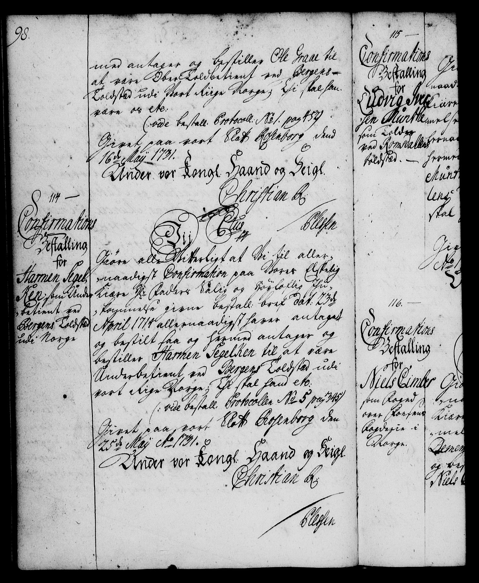 Rentekammeret, Kammerkanselliet, RA/EA-3111/G/Gg/Ggg/L0001: Norsk konfirmasjonsbestallingsprotokoll med register (merket RK 53.31), 1731-1737, s. 98