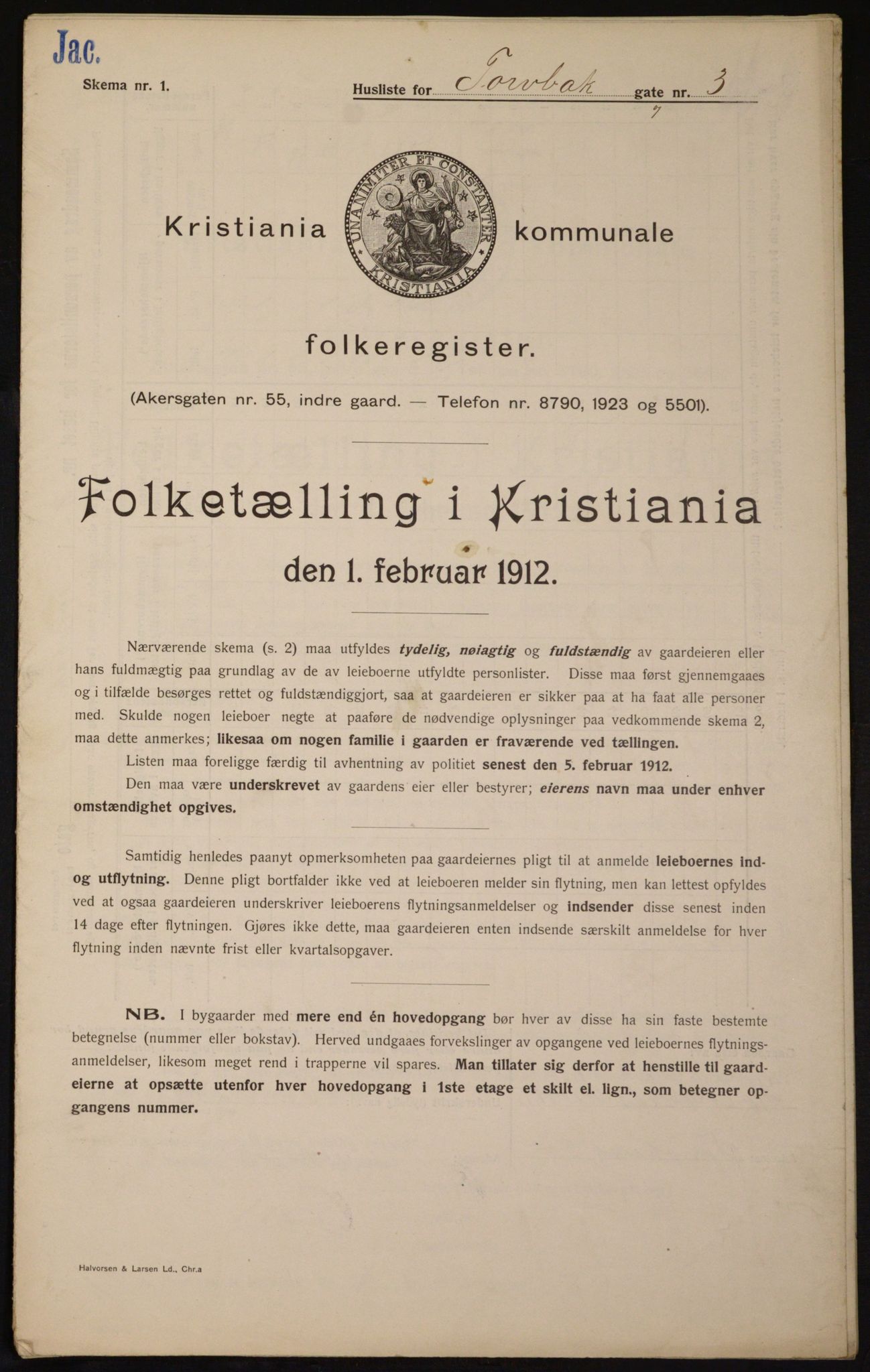 OBA, Kommunal folketelling 1.2.1912 for Kristiania, 1912, s. 115003