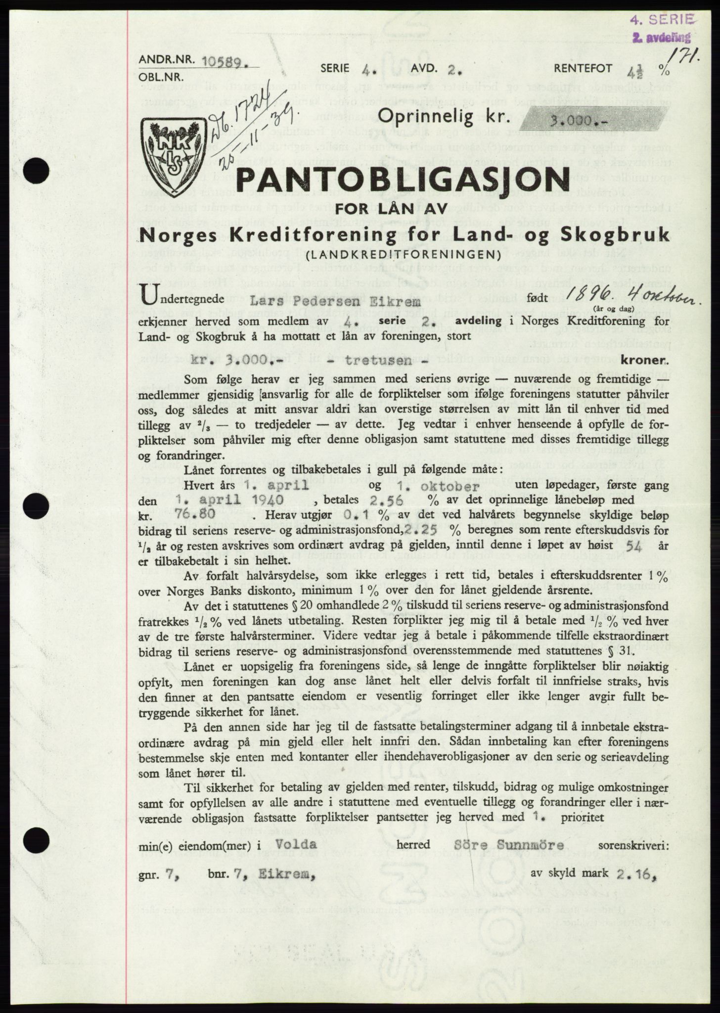 Søre Sunnmøre sorenskriveri, SAT/A-4122/1/2/2C/L0069: Pantebok nr. 63, 1939-1940, Dagboknr: 1724/1939
