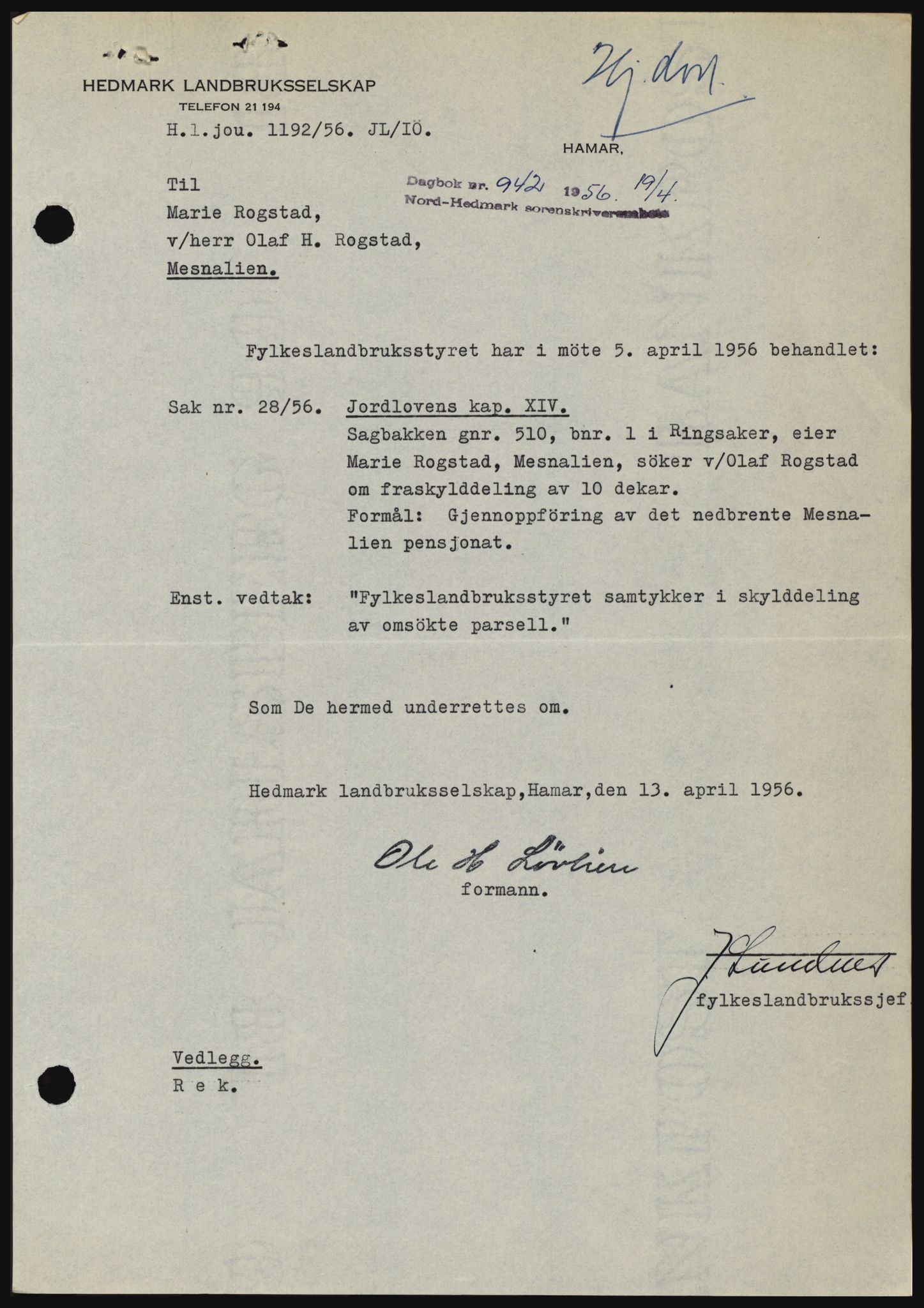 Nord-Hedmark sorenskriveri, SAH/TING-012/H/Hc/L0010: Pantebok nr. 10, 1955-1956, Dagboknr: 942/1956