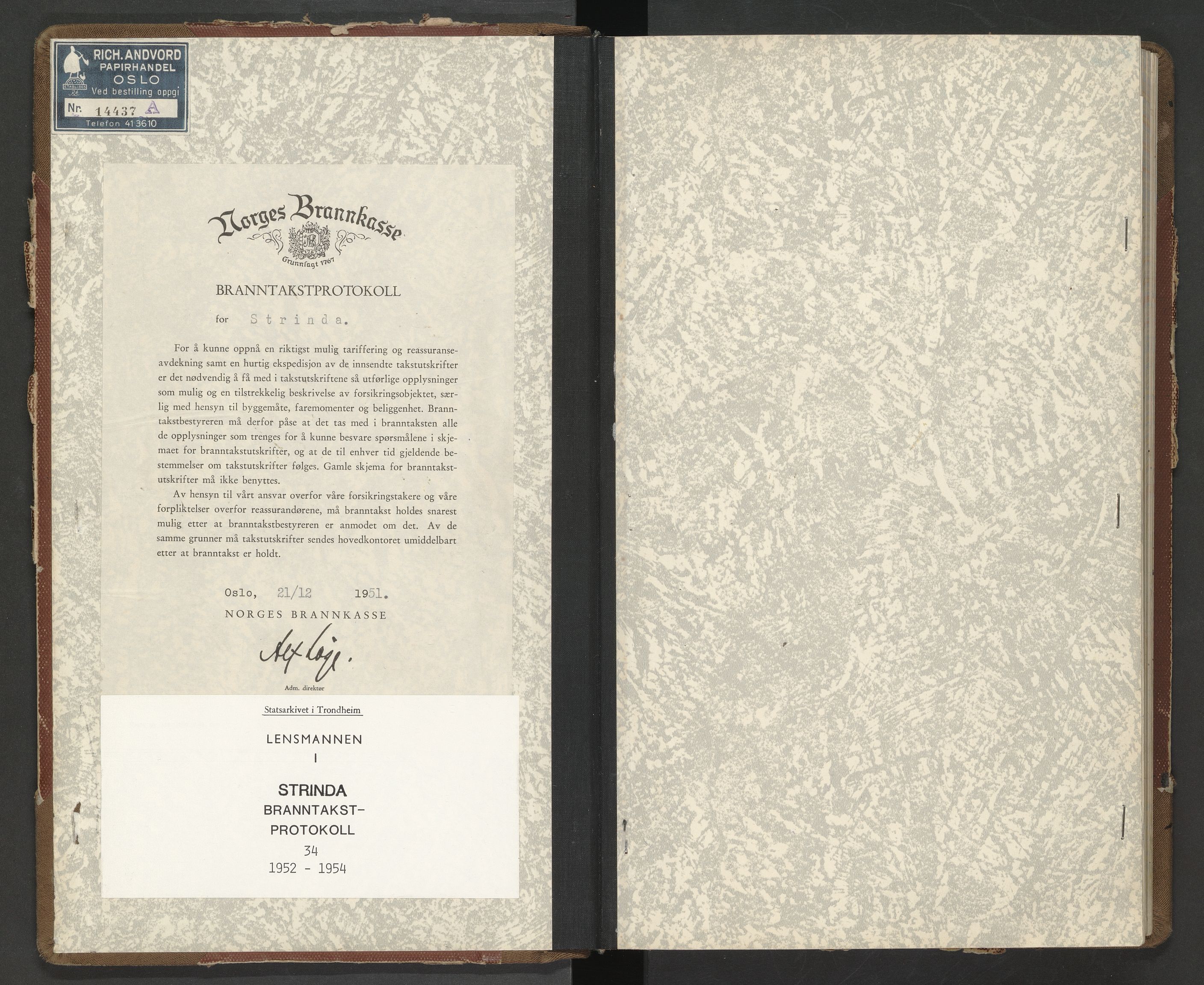 Norges Brannkasse Strinda, AV/SAT-A-5516/Fa/L0034: Branntakstprotokoll, 1952-1954