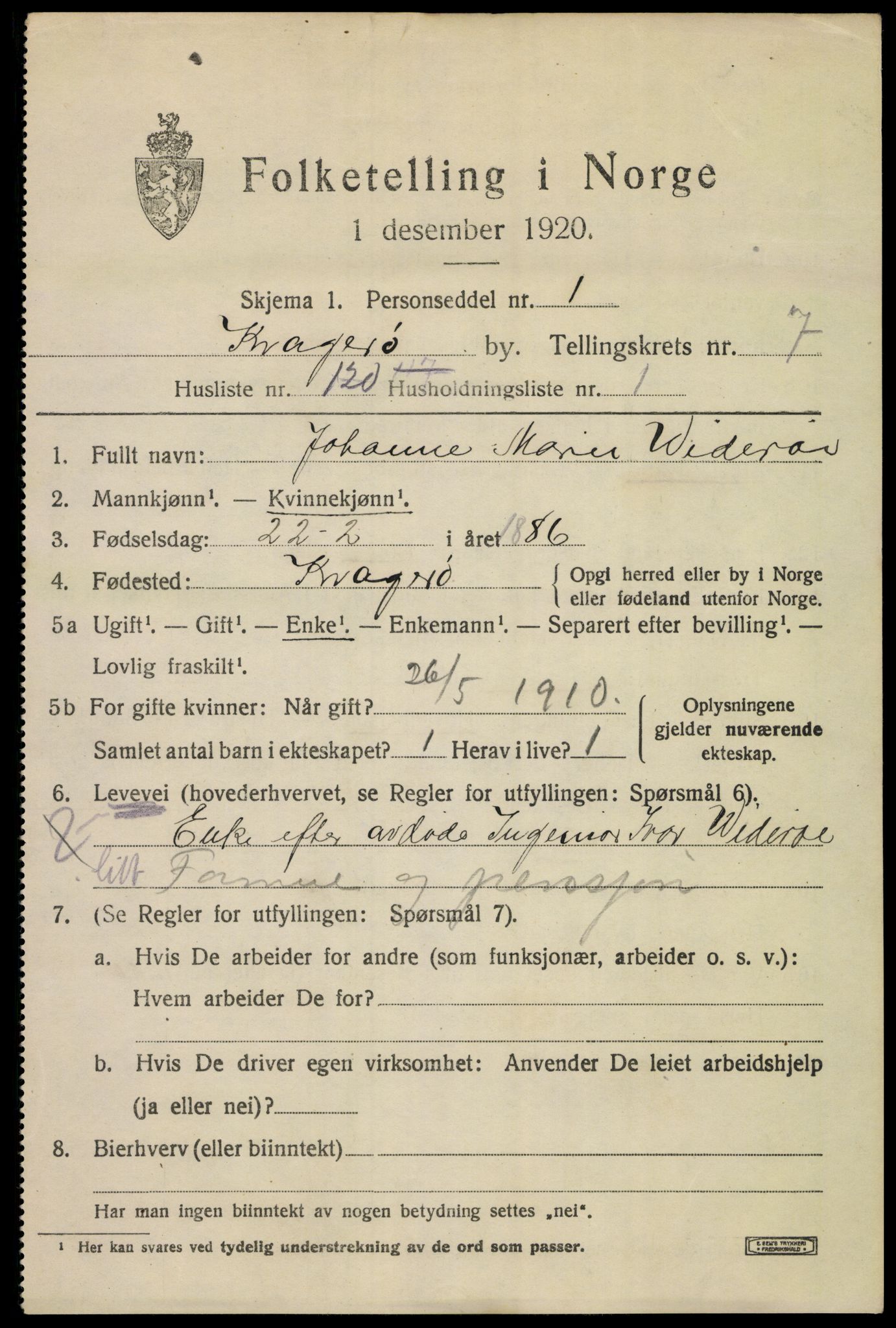 SAKO, Folketelling 1920 for 0801 Kragerø kjøpstad, 1920, s. 11073