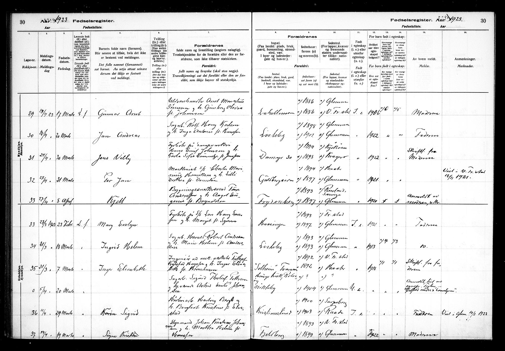 Glemmen prestekontor Kirkebøker, AV/SAO-A-10908/J/Ja/L0002: Fødselsregister nr. I 2, 1922-1929, s. 30