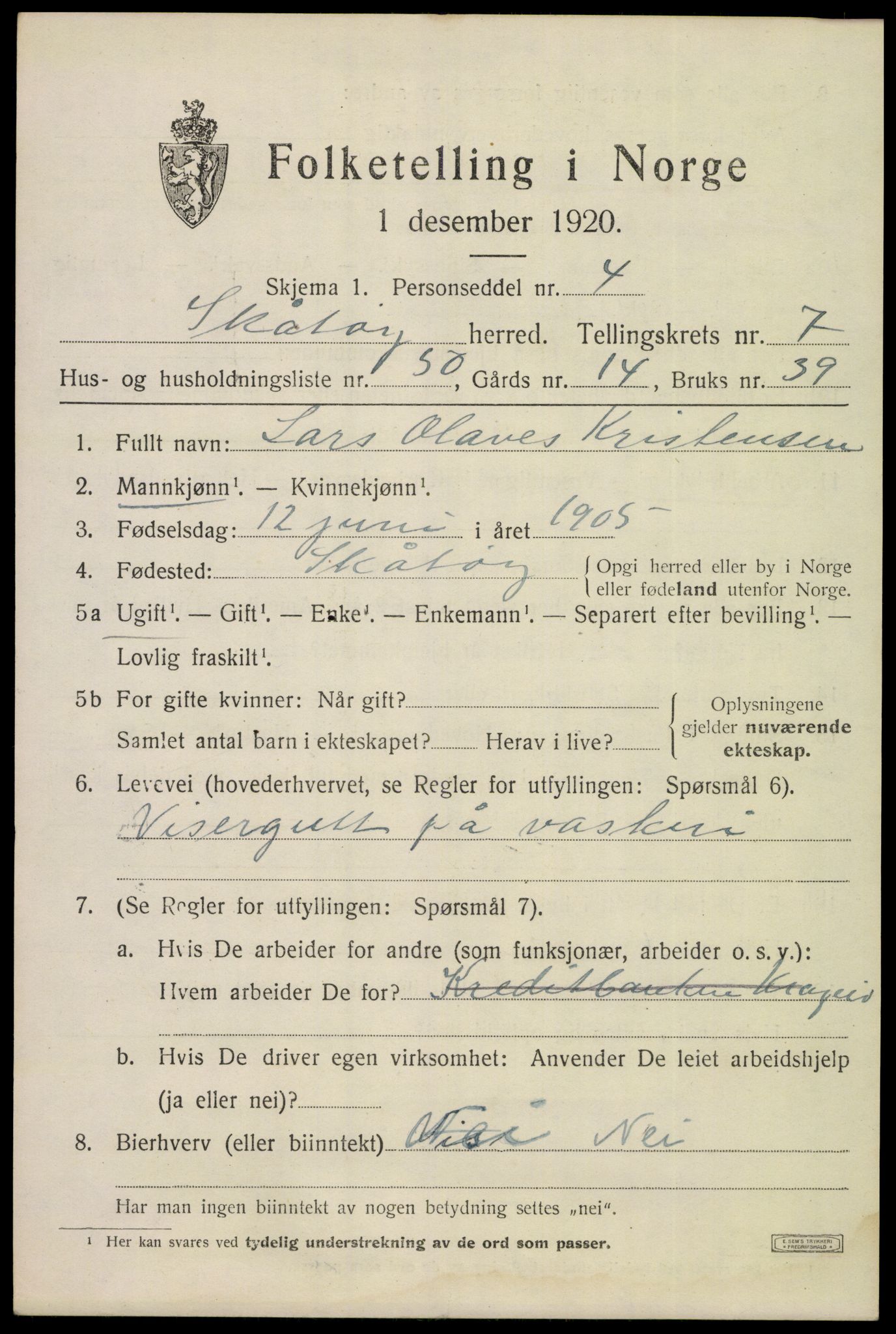 SAKO, Folketelling 1920 for 0815 Skåtøy herred, 1920, s. 5864