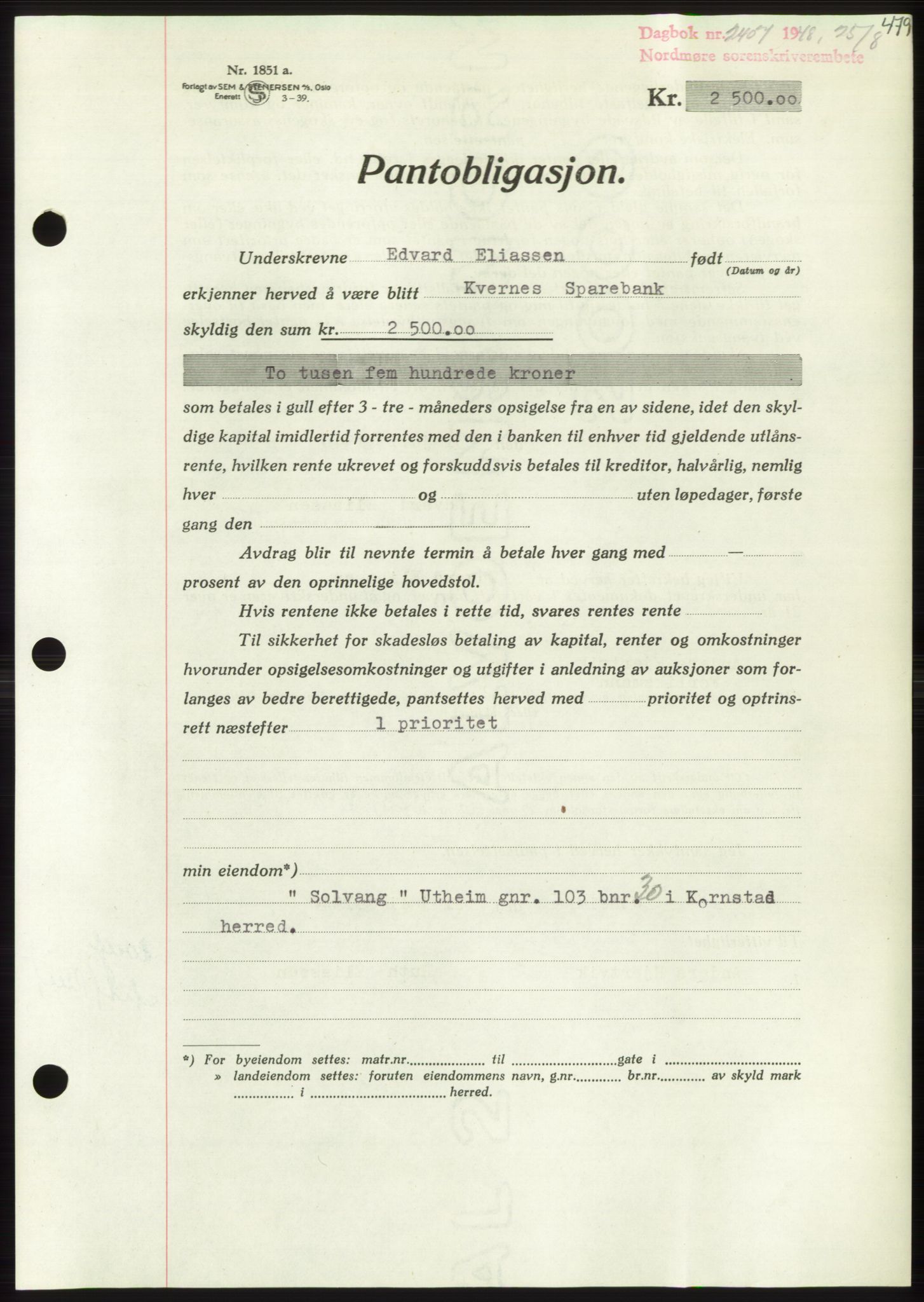 Nordmøre sorenskriveri, AV/SAT-A-4132/1/2/2Ca: Pantebok nr. B99, 1948-1948, Dagboknr: 2407/1948