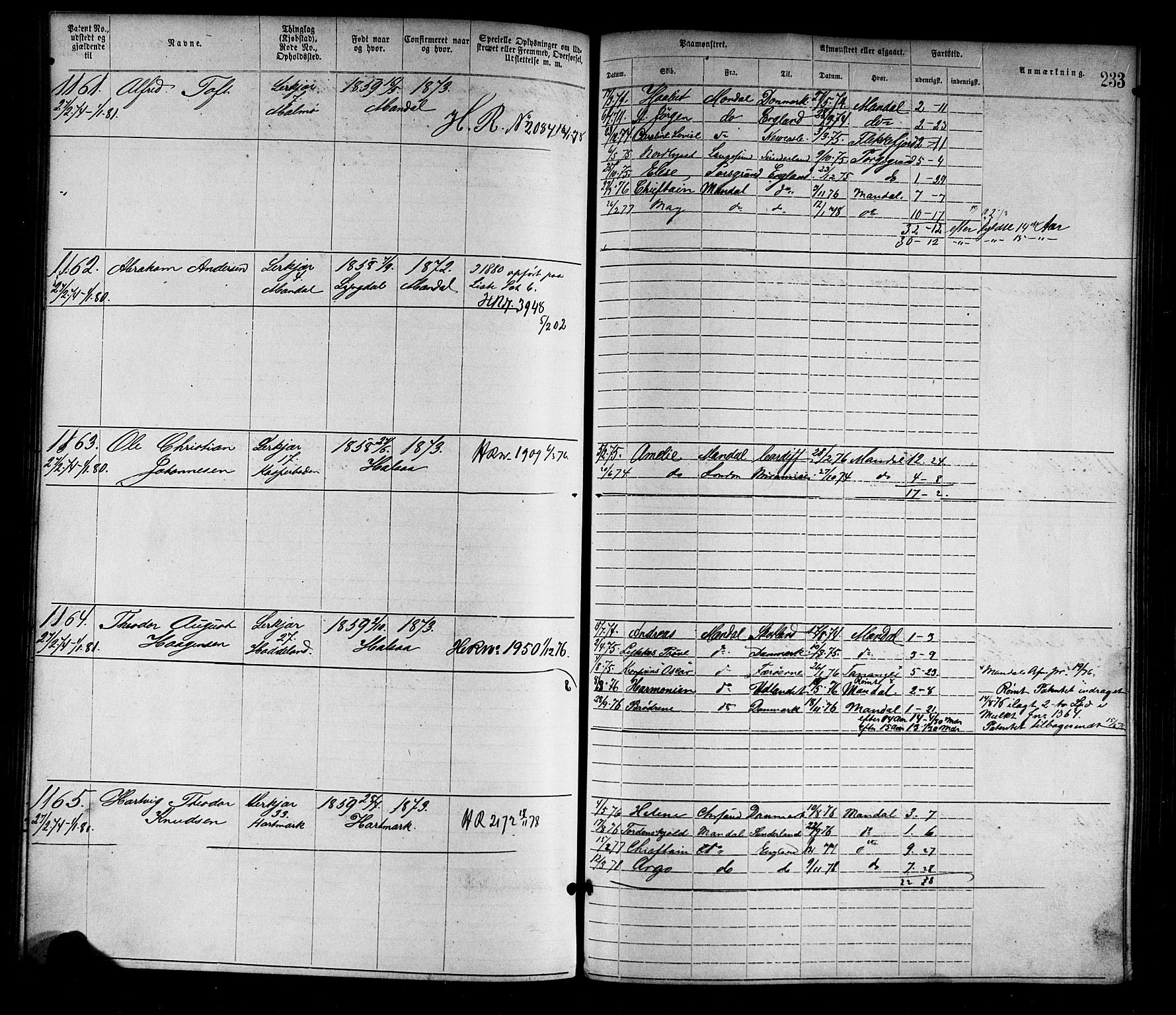 Mandal mønstringskrets, SAK/2031-0016/F/Fa/L0001: Annotasjonsrulle nr 1-1920 med register, L-3, 1869-1881, s. 268