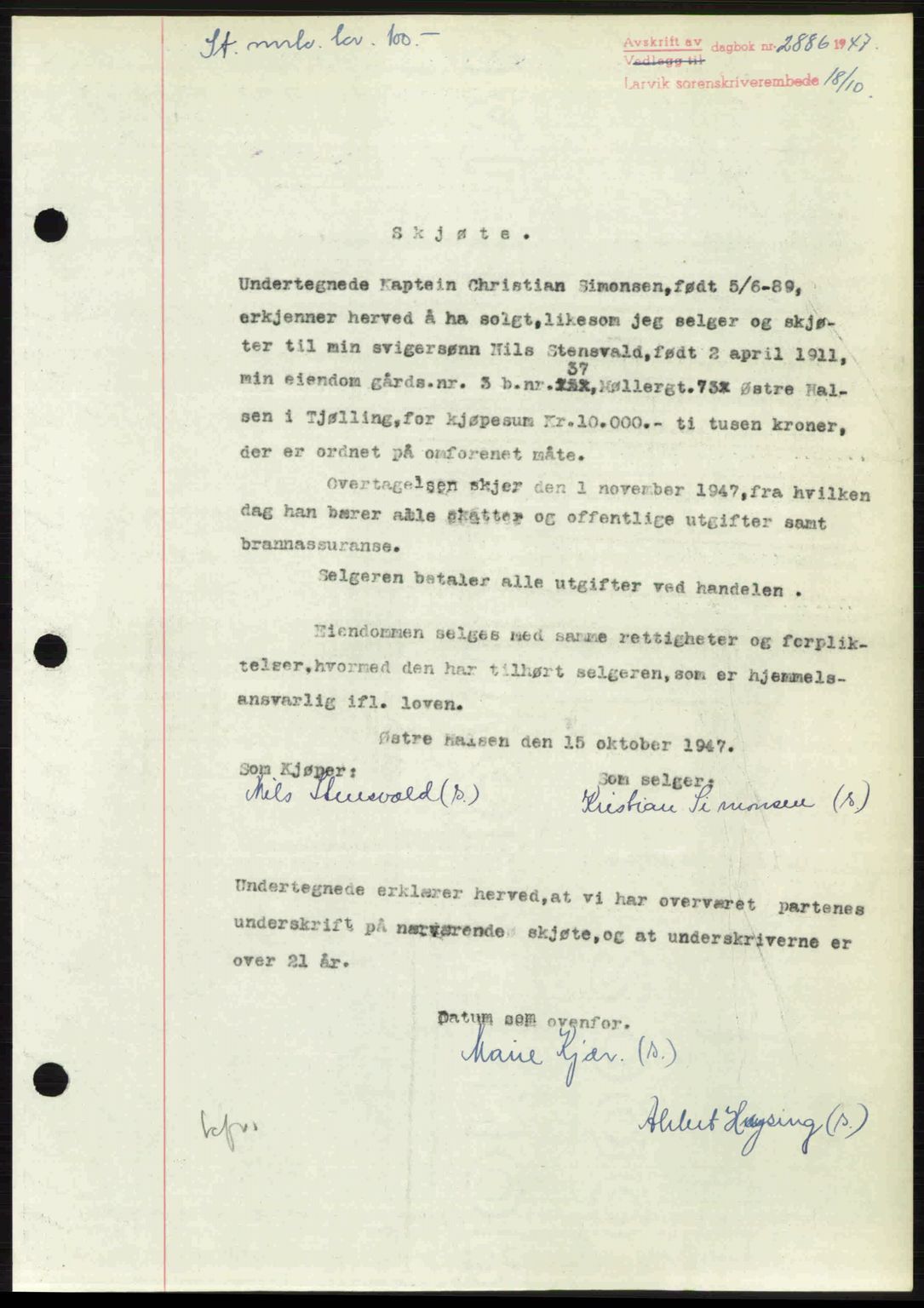 Larvik sorenskriveri, SAKO/A-83/G/Ga/Gab/L0085: Pantebok nr. A-19, 1947-1948, Dagboknr: 2886/1947
