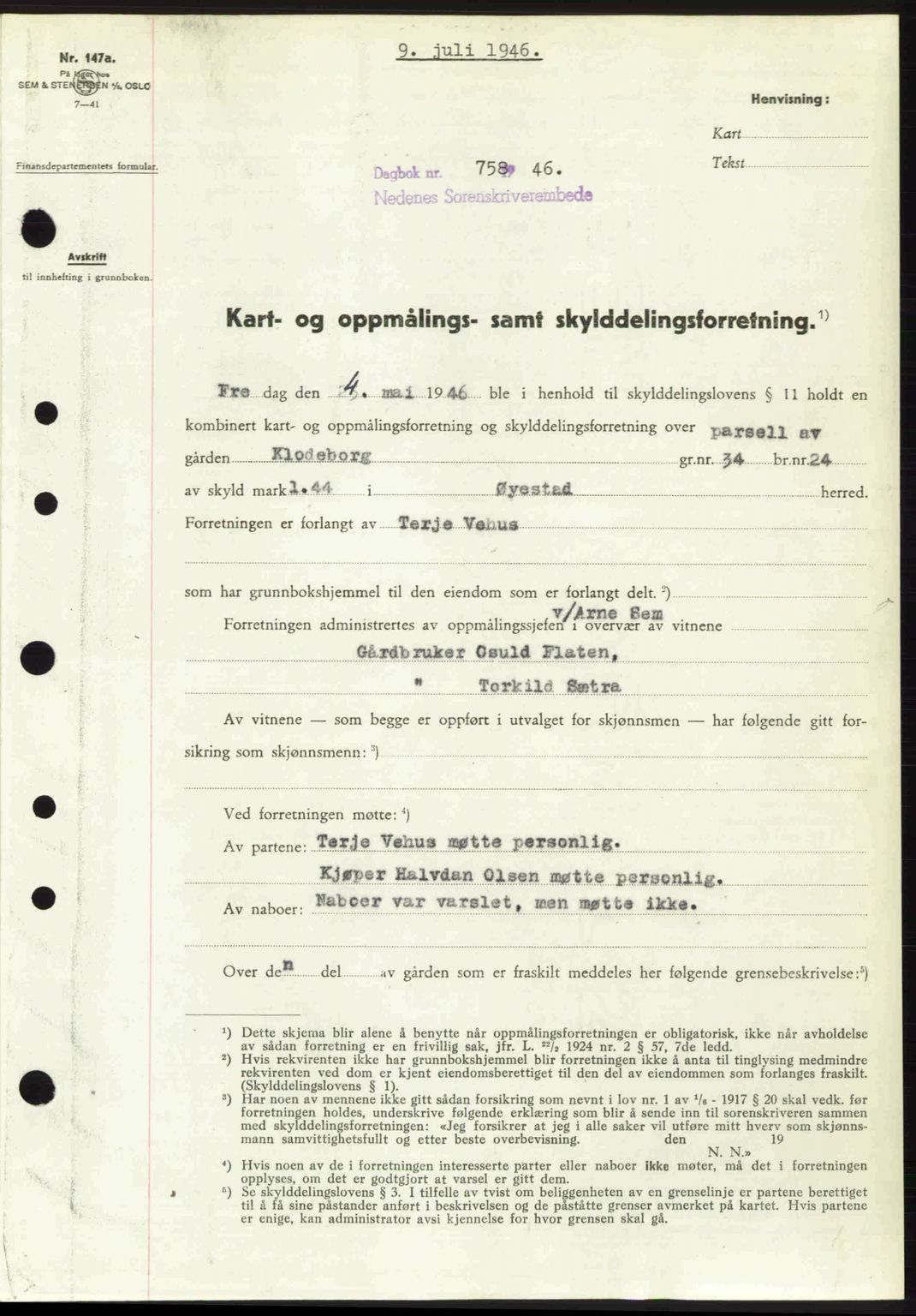 Nedenes sorenskriveri, SAK/1221-0006/G/Gb/Gba/L0055: Pantebok nr. A7, 1946-1946, Dagboknr: 758/1946