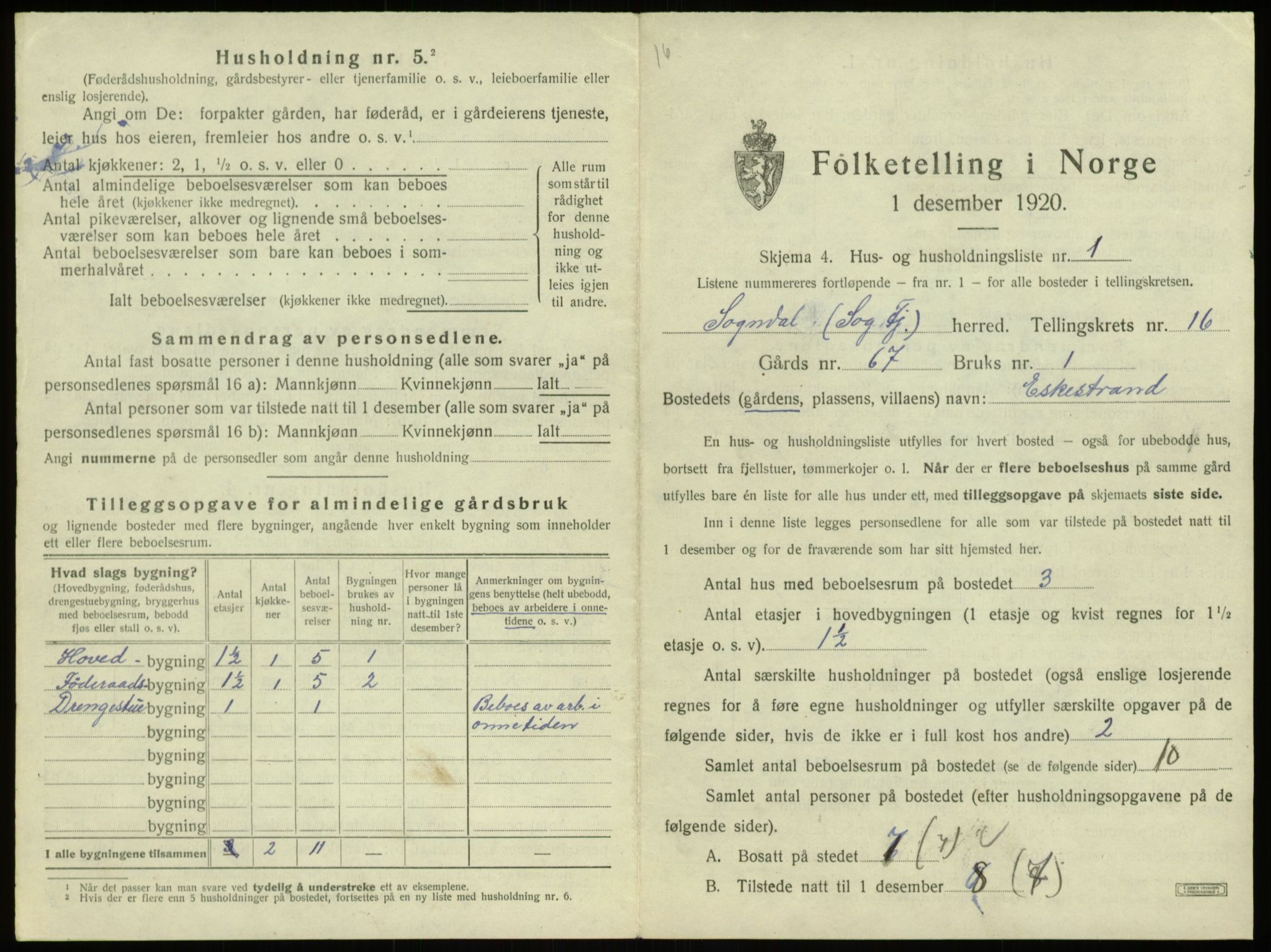 SAB, Folketelling 1920 for 1420 Sogndal herred, 1920, s. 854