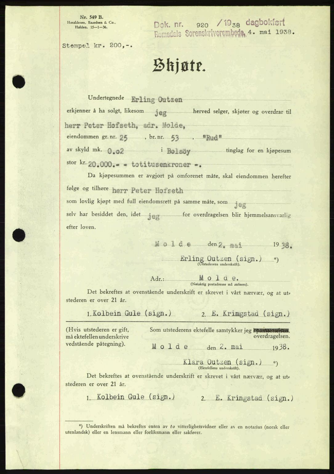 Romsdal sorenskriveri, SAT/A-4149/1/2/2C: Pantebok nr. A5, 1938-1938, Dagboknr: 920/1938