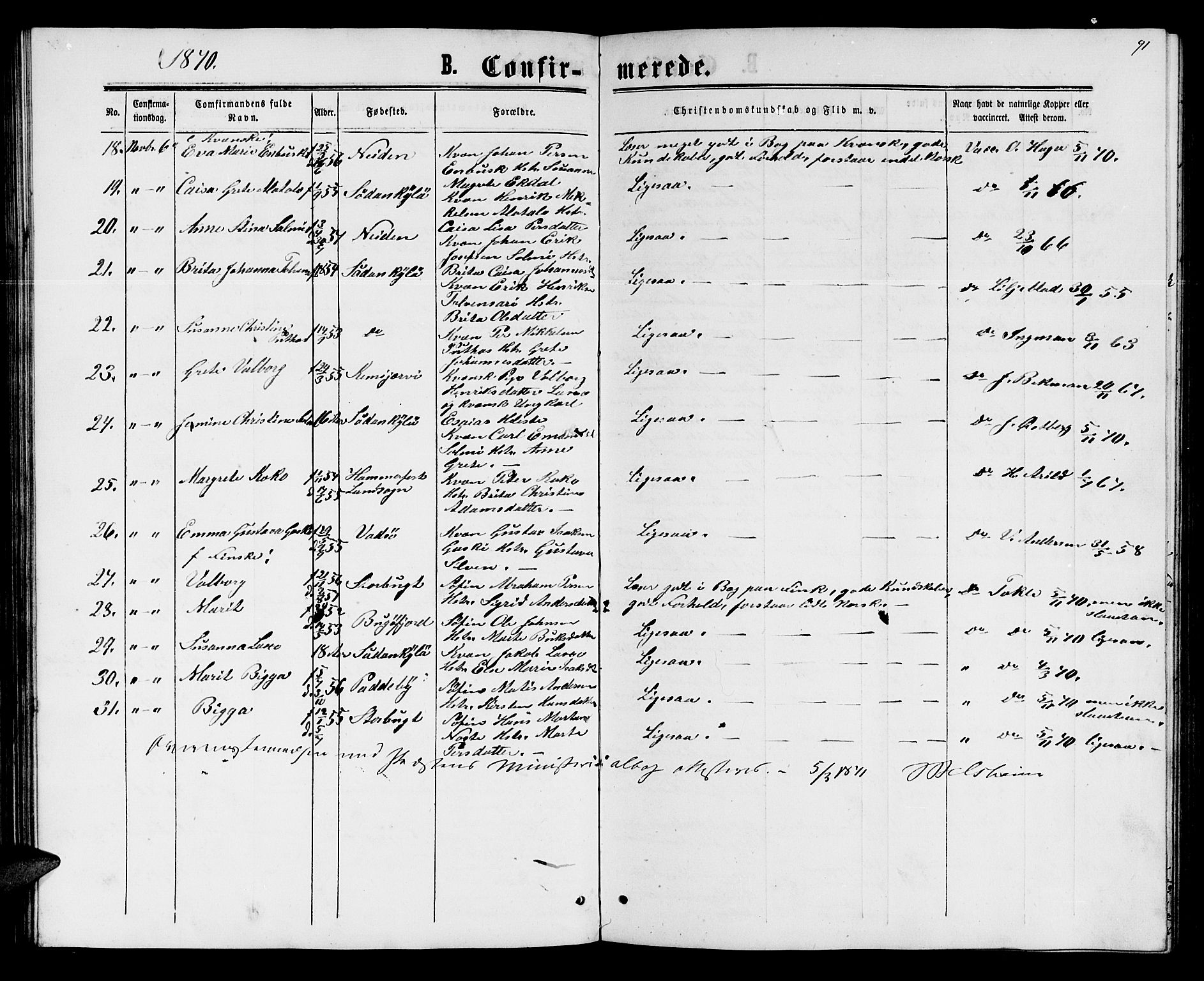 Sør-Varanger sokneprestkontor, AV/SATØ-S-1331/H/Hb/L0001klokker: Klokkerbok nr. 1, 1863-1872, s. 91