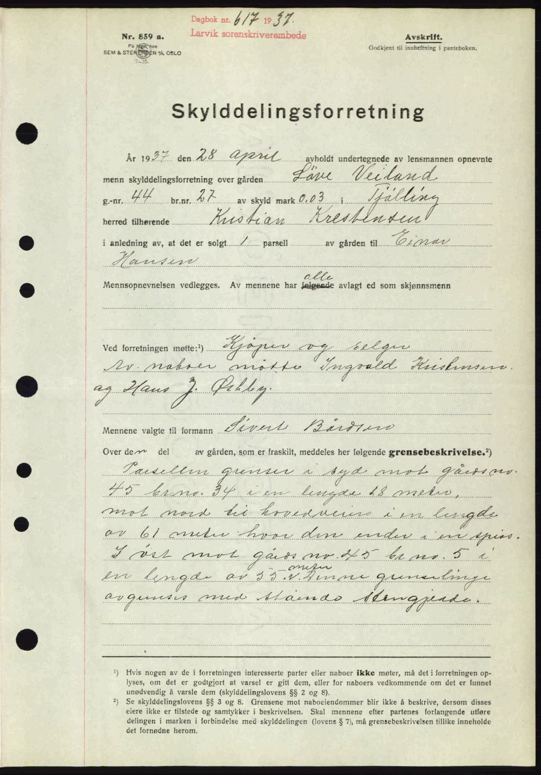 Larvik sorenskriveri, SAKO/A-83/G/Ga/Gab/L0067: Pantebok nr. A-1, 1936-1937, Dagboknr: 617/1937