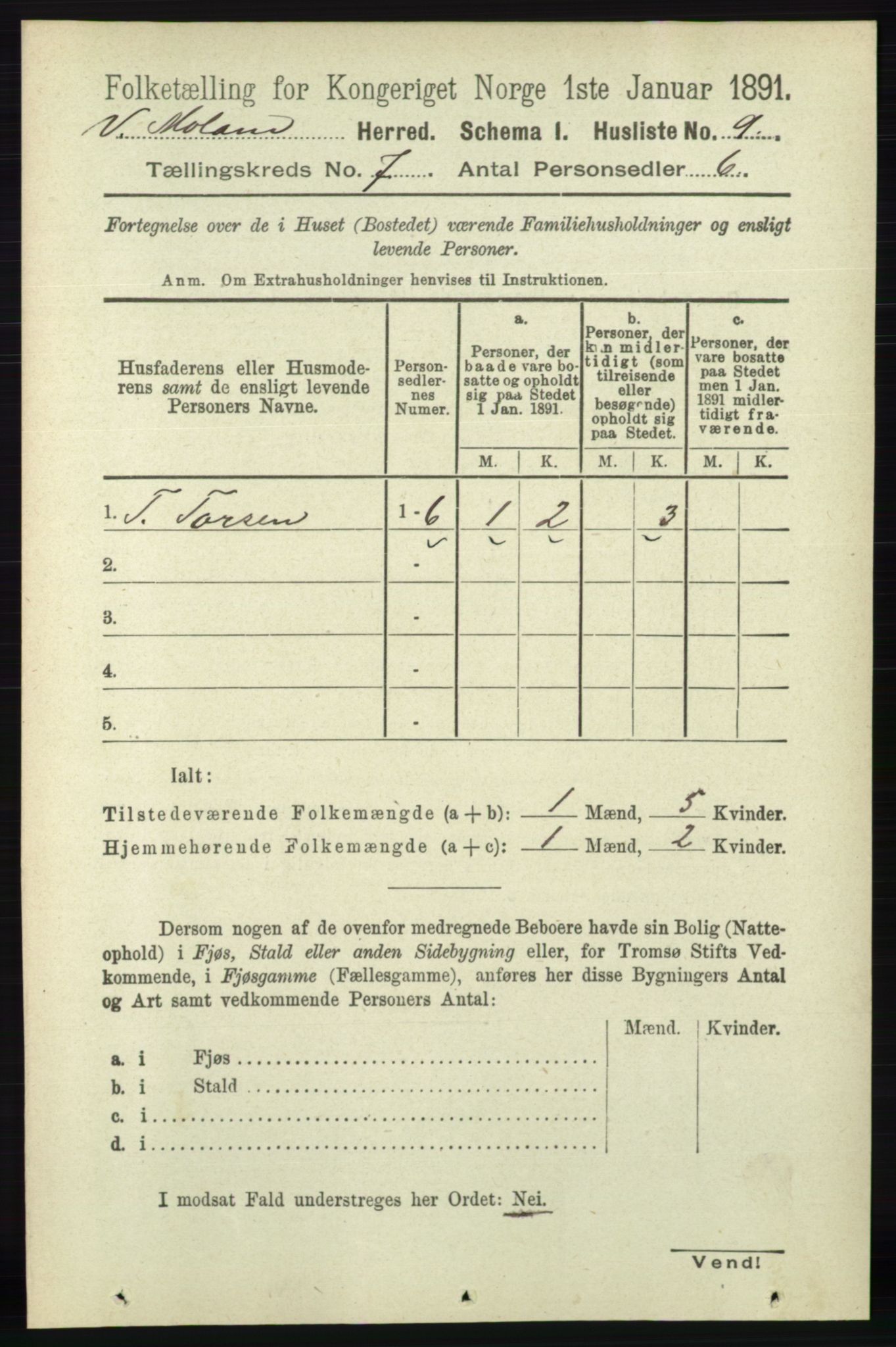 RA, Folketelling 1891 for 0926 Vestre Moland herred, 1891, s. 2768