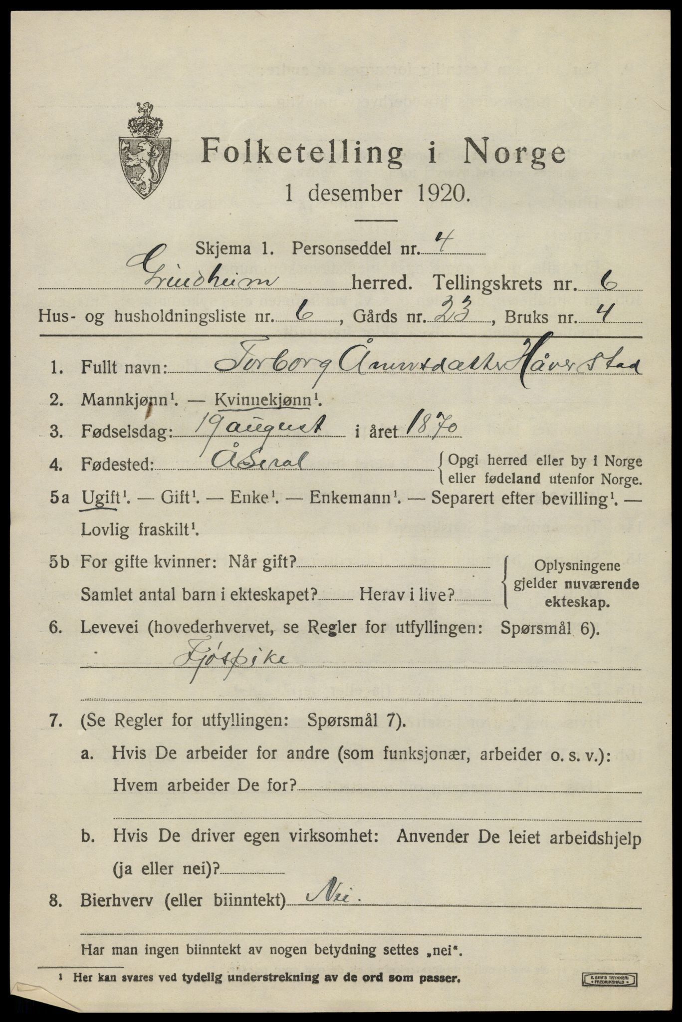 SAK, Folketelling 1920 for 1025 Grindheim herred, 1920, s. 1907
