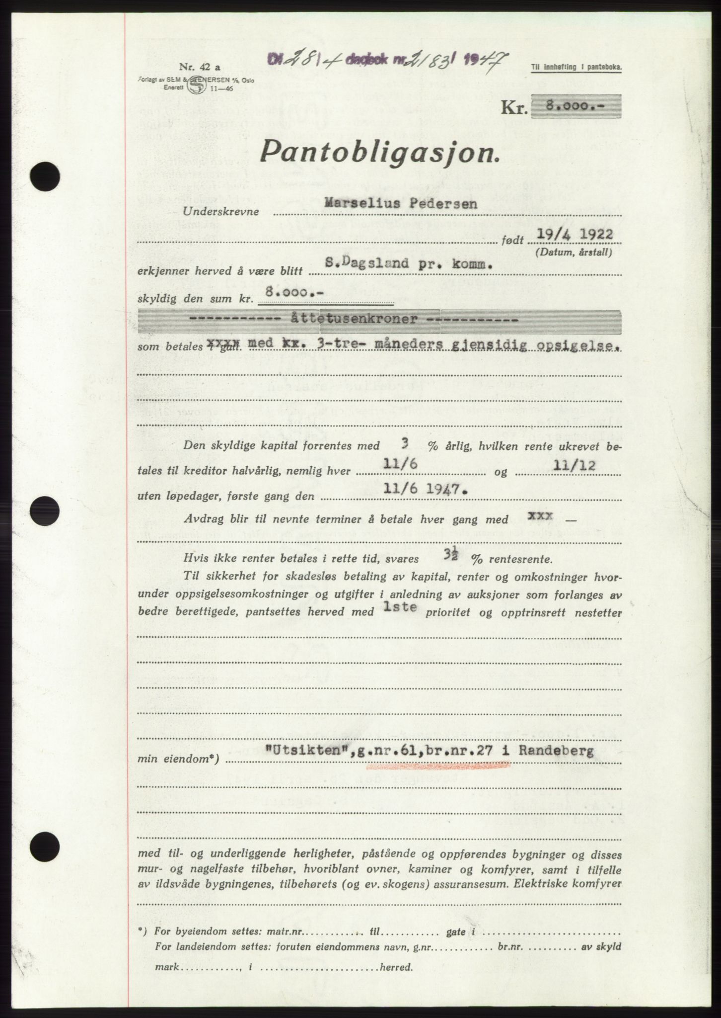 Jæren sorenskriveri, SAST/A-100310/03/G/Gba/L0094: Pantebok, 1947-1947, Dagboknr: 2183/1947