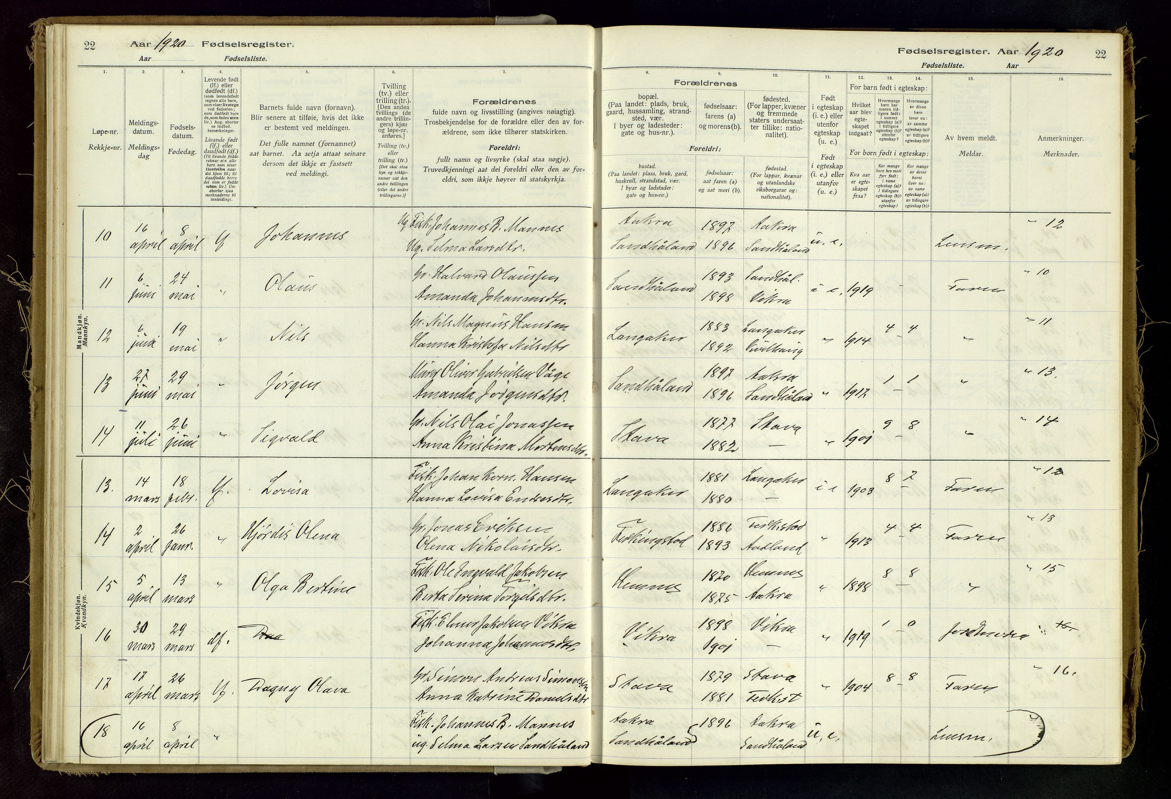 Skudenes sokneprestkontor, AV/SAST-A -101849/I/Id/L0002: Fødselsregister nr. 2, 1916-1962, s. 22