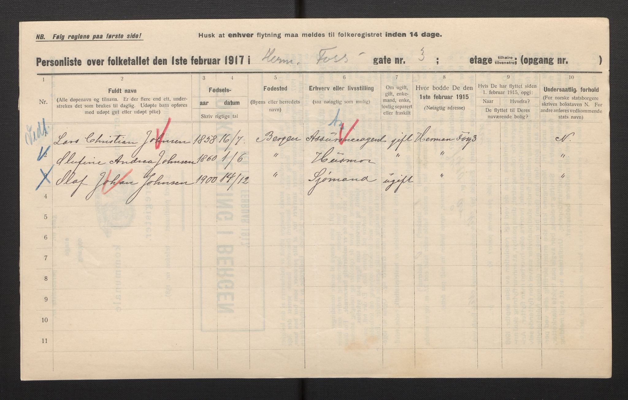 SAB, Kommunal folketelling 1917 for Bergen kjøpstad, 1917, s. 14332