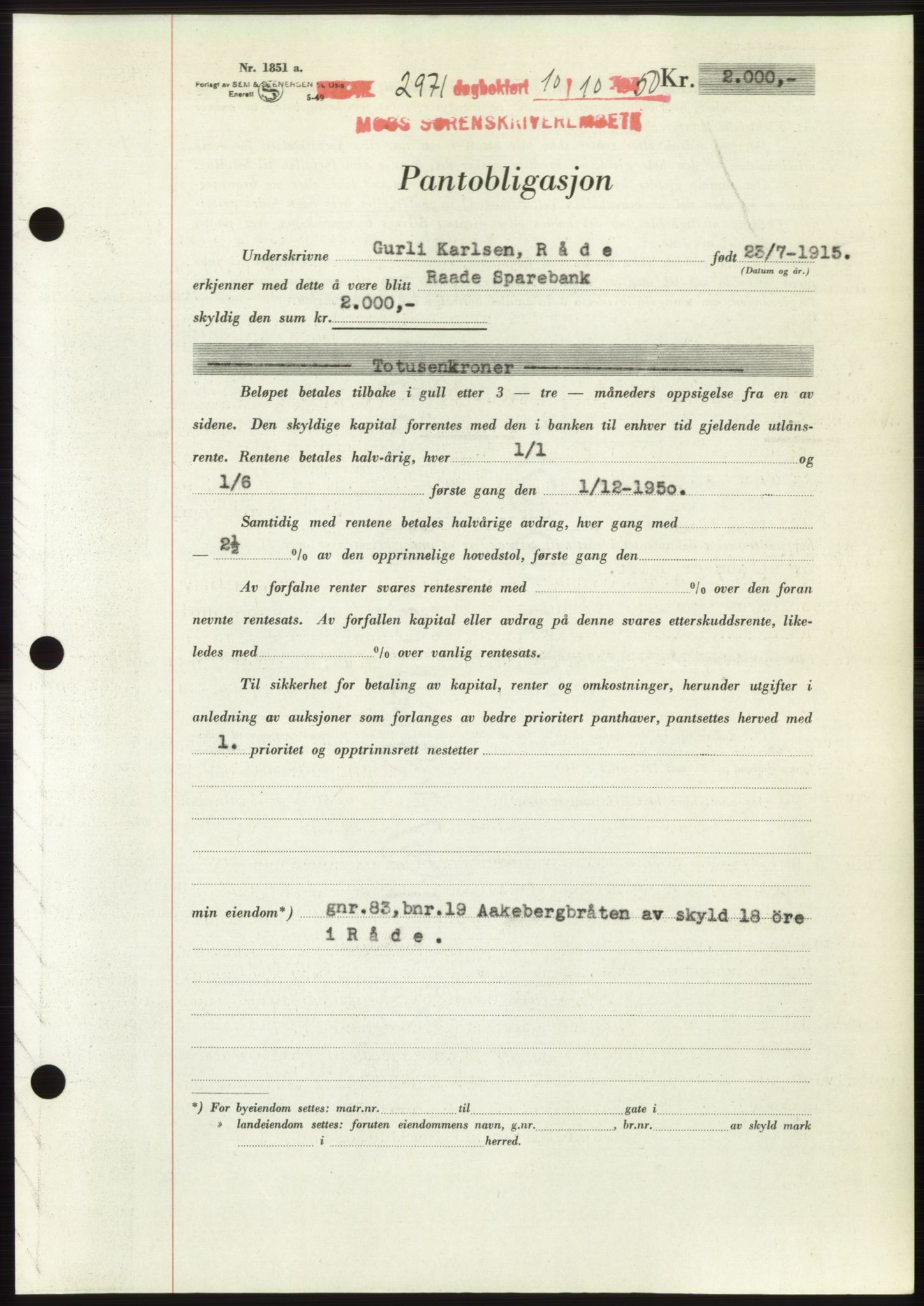 Moss sorenskriveri, SAO/A-10168: Pantebok nr. B25, 1950-1950, Dagboknr: 2971/1950