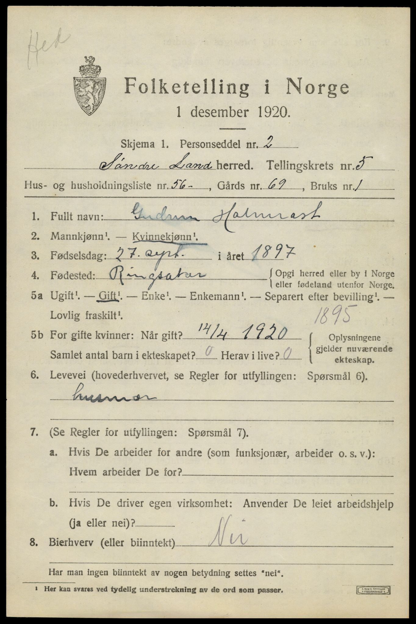 SAH, Folketelling 1920 for 0536 Søndre Land herred, 1920, s. 5771