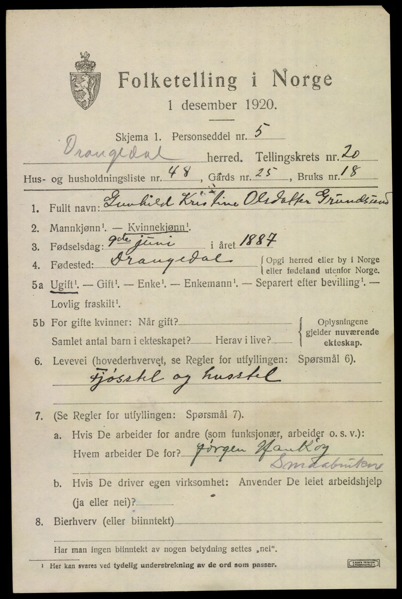 SAKO, Folketelling 1920 for 0817 Drangedal herred, 1920, s. 9179