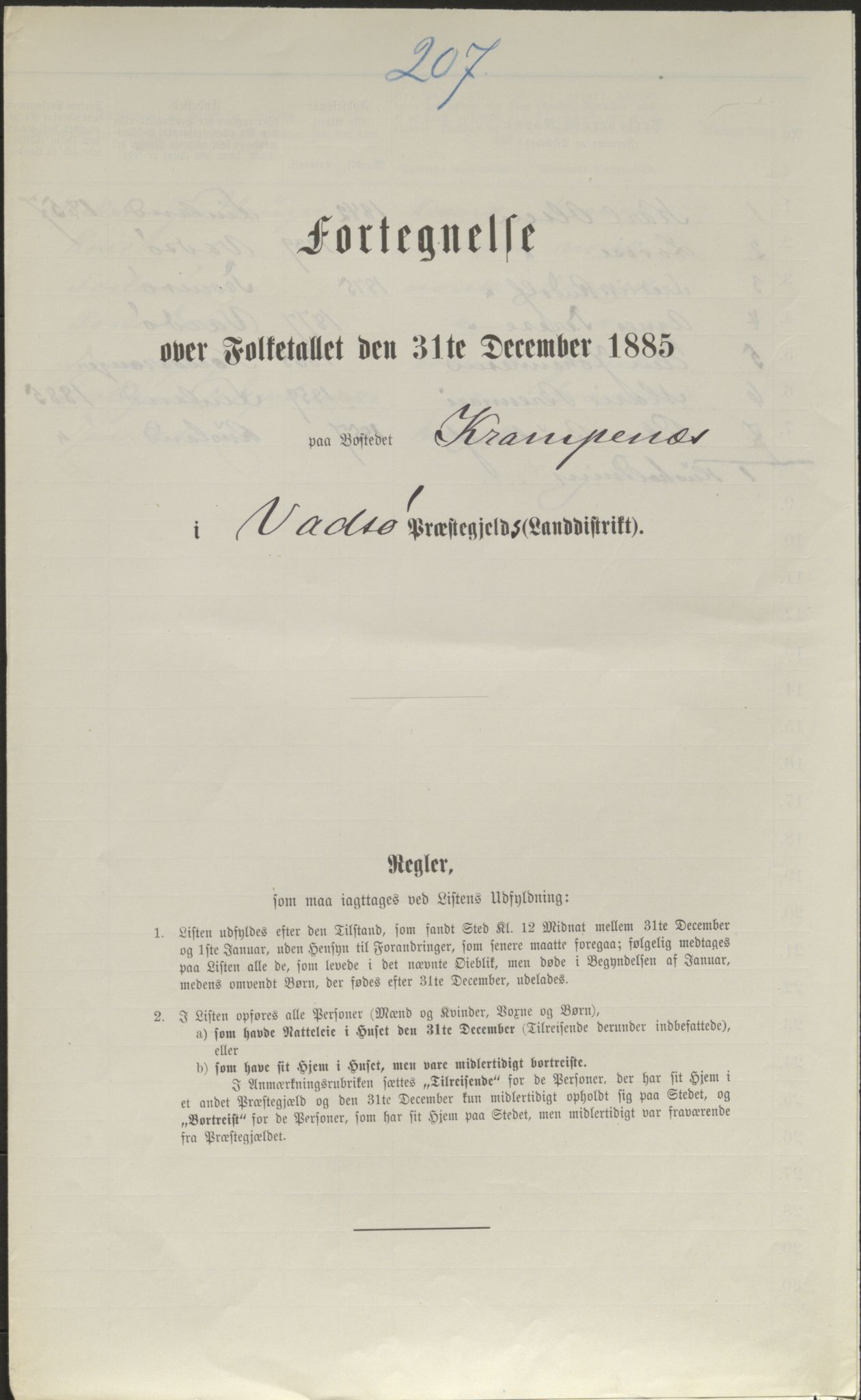 SATØ, Folketelling 1885 for 2029 Vadsø landsogn, 1885, s. 207a