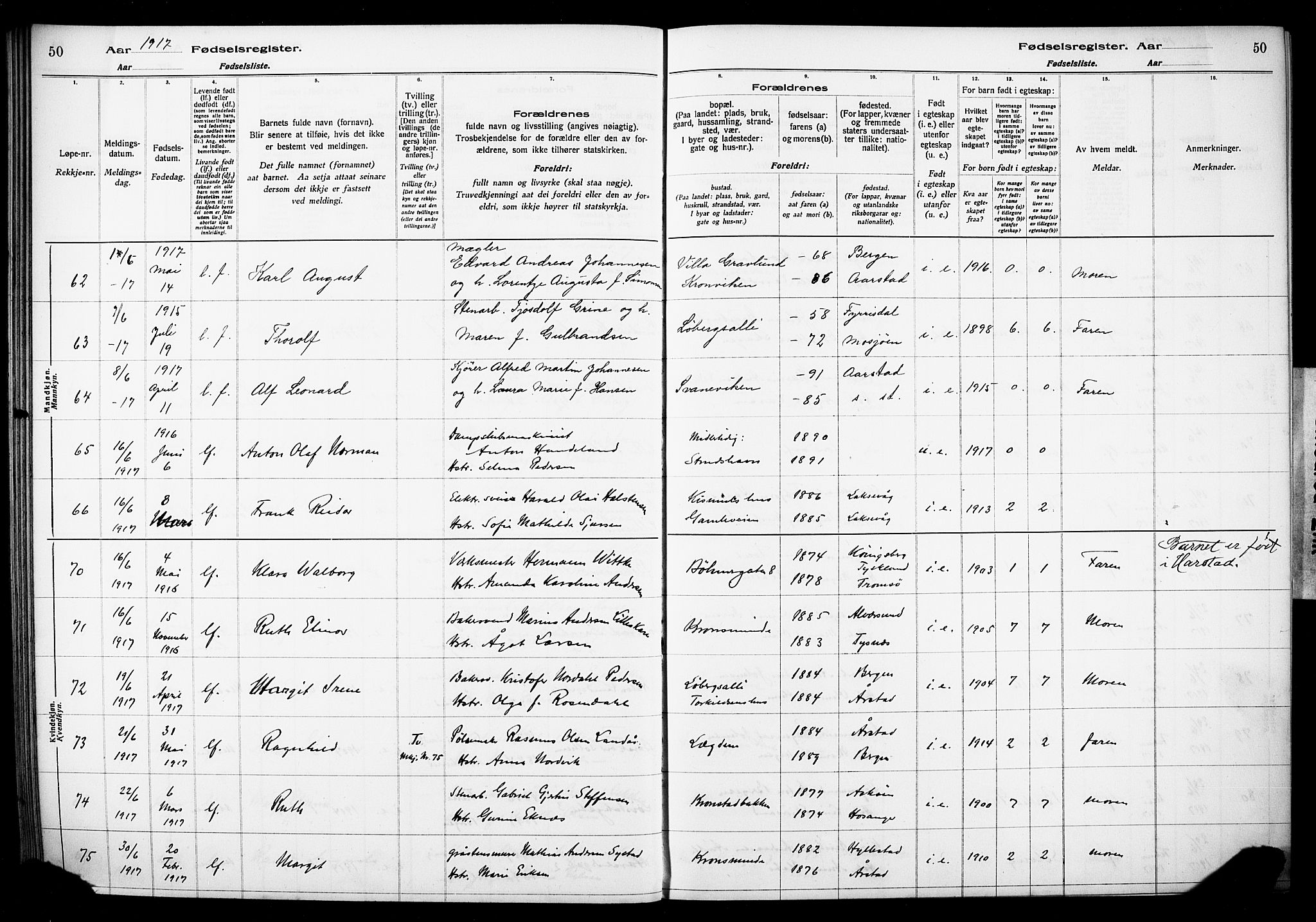 Årstad Sokneprestembete, AV/SAB-A-79301/I/Id/L0A01: Fødselsregister nr. A 1, 1916-1920, s. 50