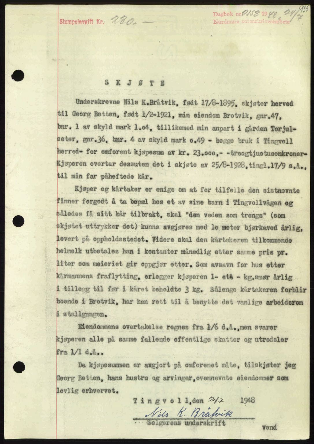 Nordmøre sorenskriveri, SAT/A-4132/1/2/2Ca: Pantebok nr. A108, 1948-1948, Dagboknr: 2153/1948