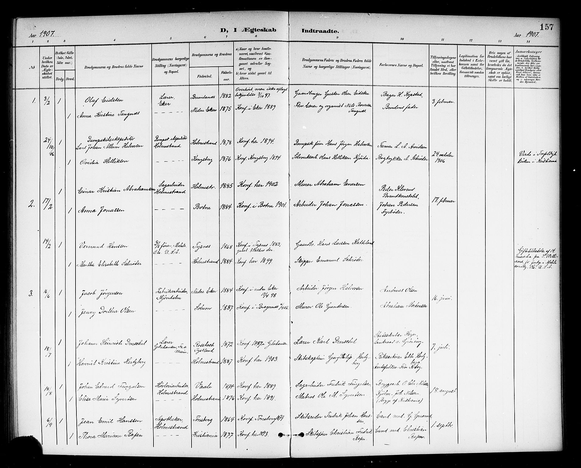 Holmestrand kirkebøker, SAKO/A-346/G/Ga/L0006: Klokkerbok nr. 6, 1901-1923, s. 157