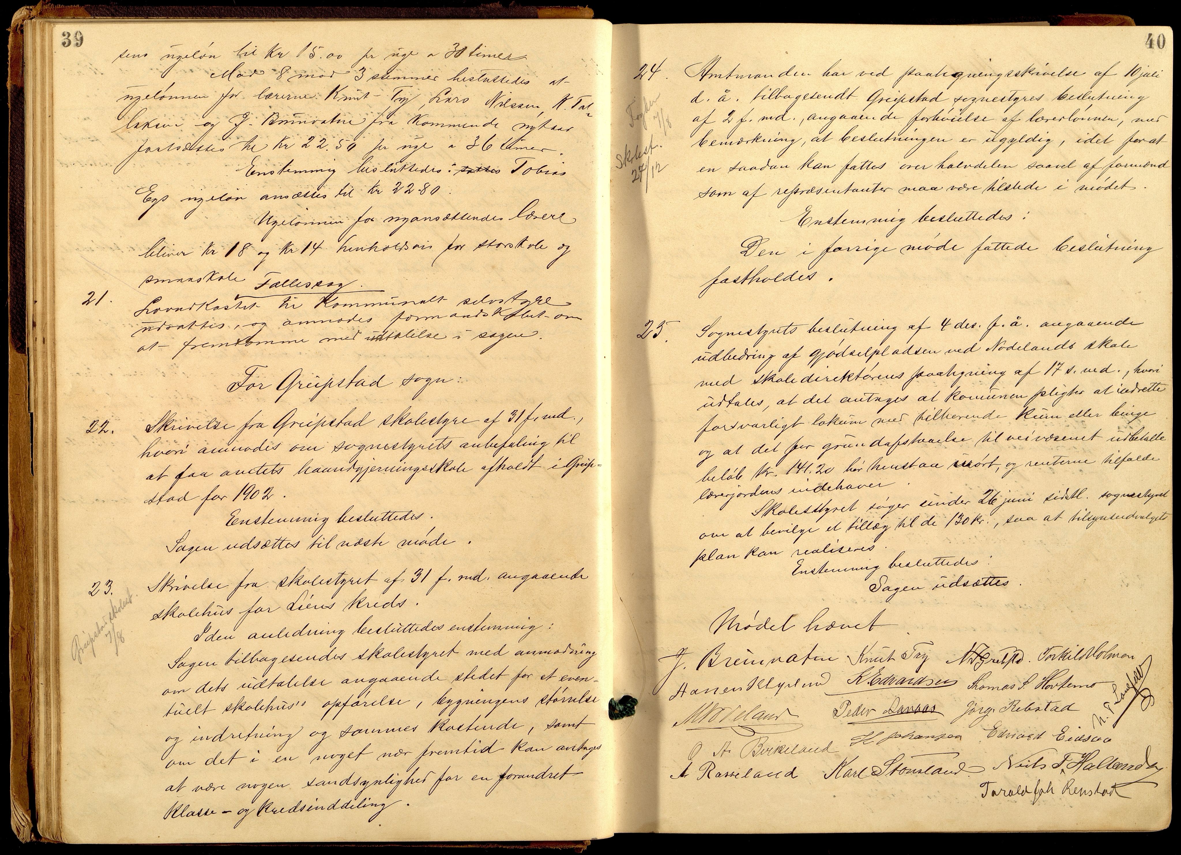 Søgne og Greipstad kommune - Formannskapet, ARKSOR/1018SG120/A/L0006: Møtebok (d), 1901-1909, s. 39-40