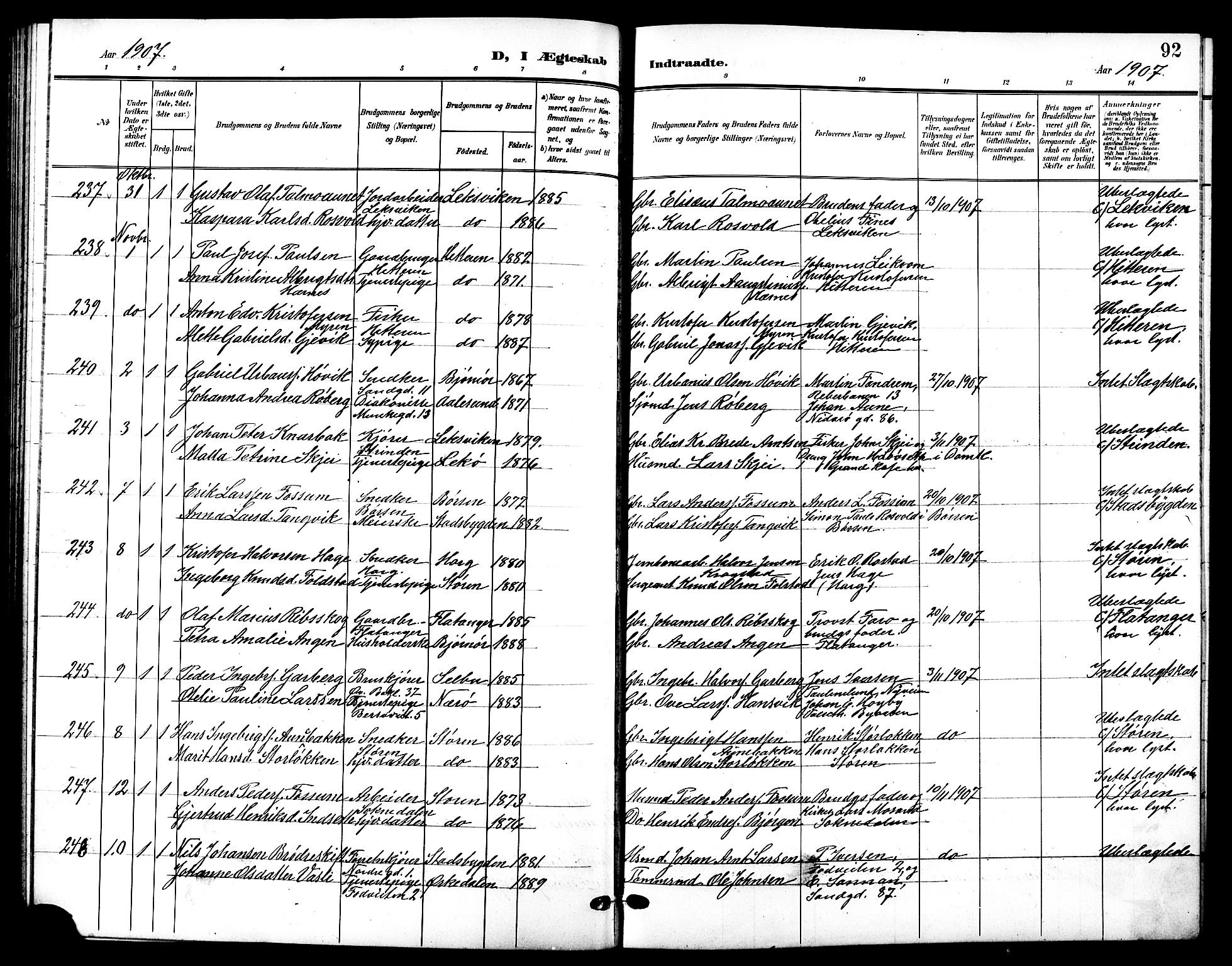 Ministerialprotokoller, klokkerbøker og fødselsregistre - Sør-Trøndelag, AV/SAT-A-1456/601/L0095: Klokkerbok nr. 601C13, 1902-1911, s. 92