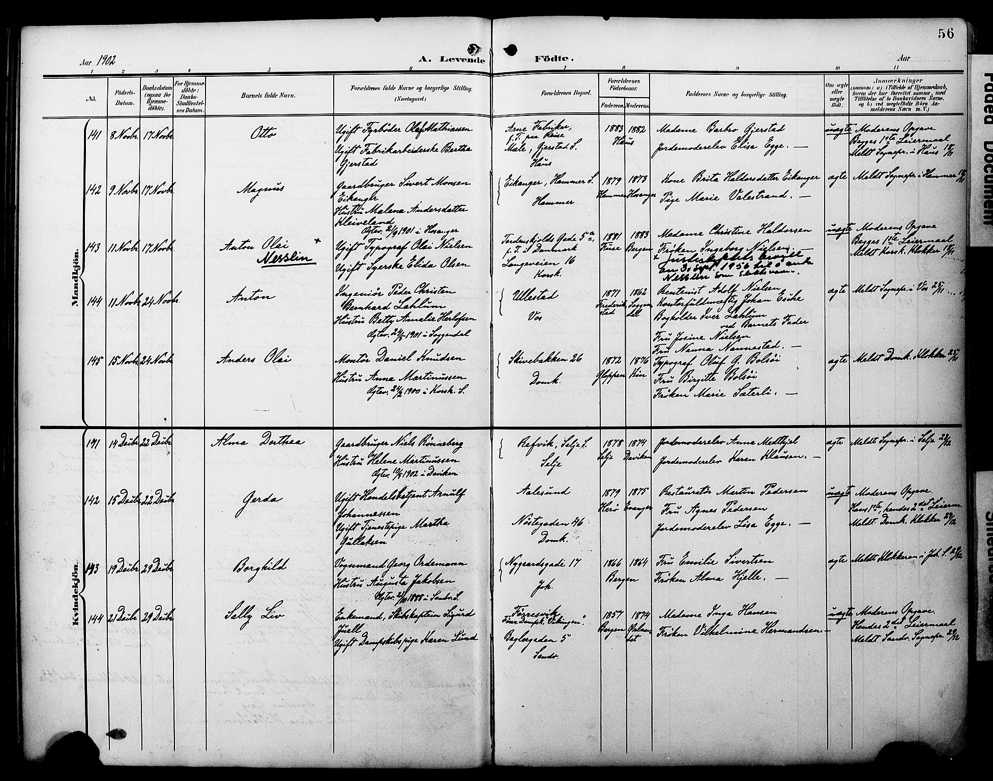 Fødselsstiftelsens sokneprestembete*, SAB/-: Ministerialbok nr. A 3, 1901-1910, s. 56
