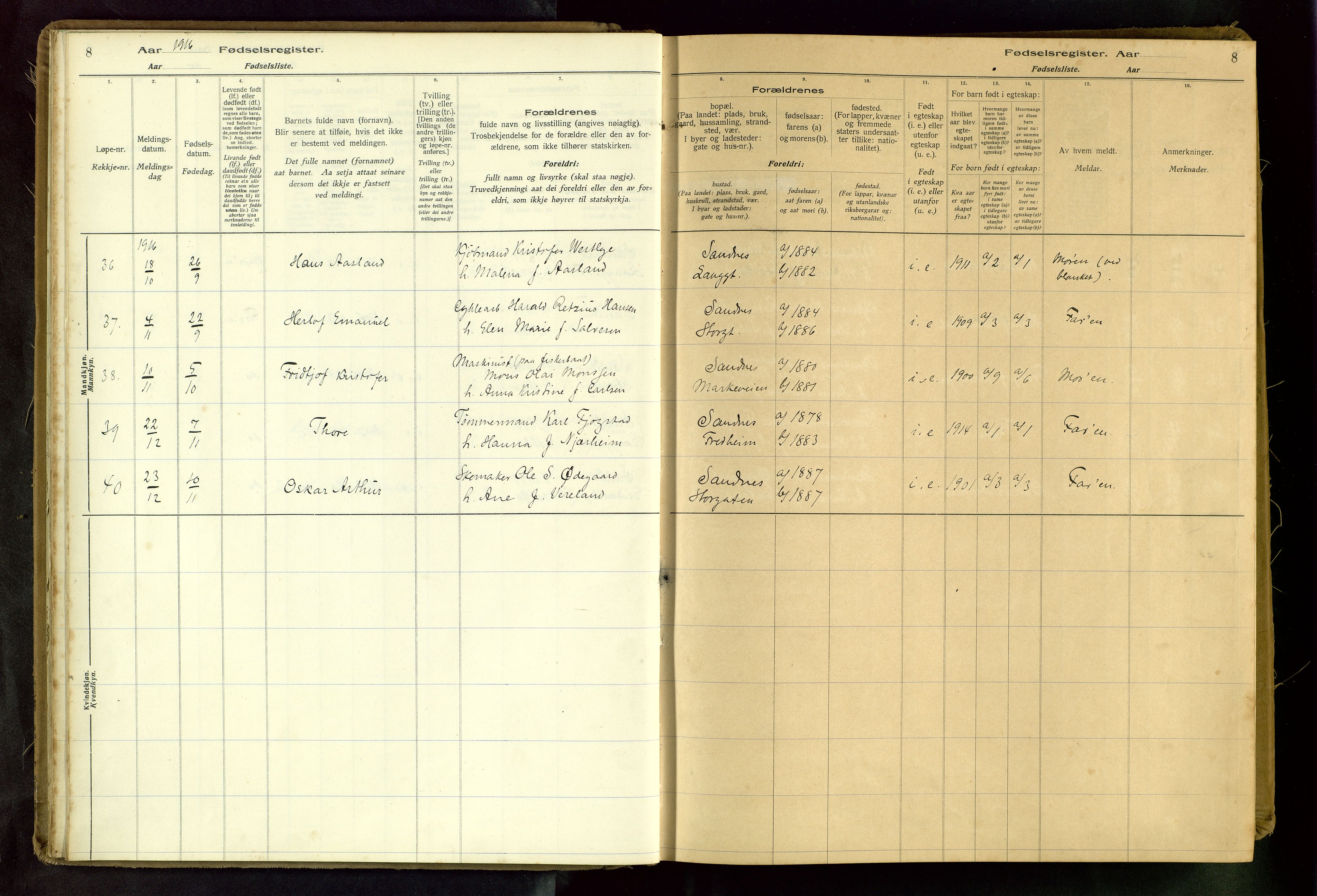 Sandnes sokneprestkontor, AV/SAST-A-101800/704BA/L0001: Fødselsregister nr. 1, 1916-1942, s. 8