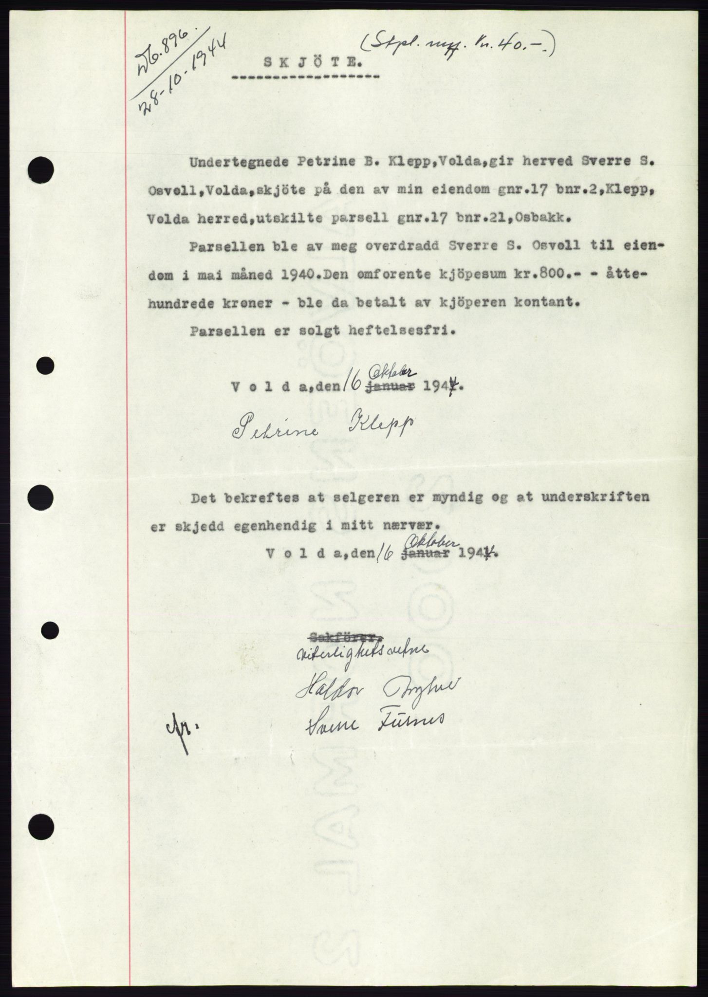 Søre Sunnmøre sorenskriveri, SAT/A-4122/1/2/2C/L0076: Pantebok nr. 2A, 1943-1944, Dagboknr: 896/1944