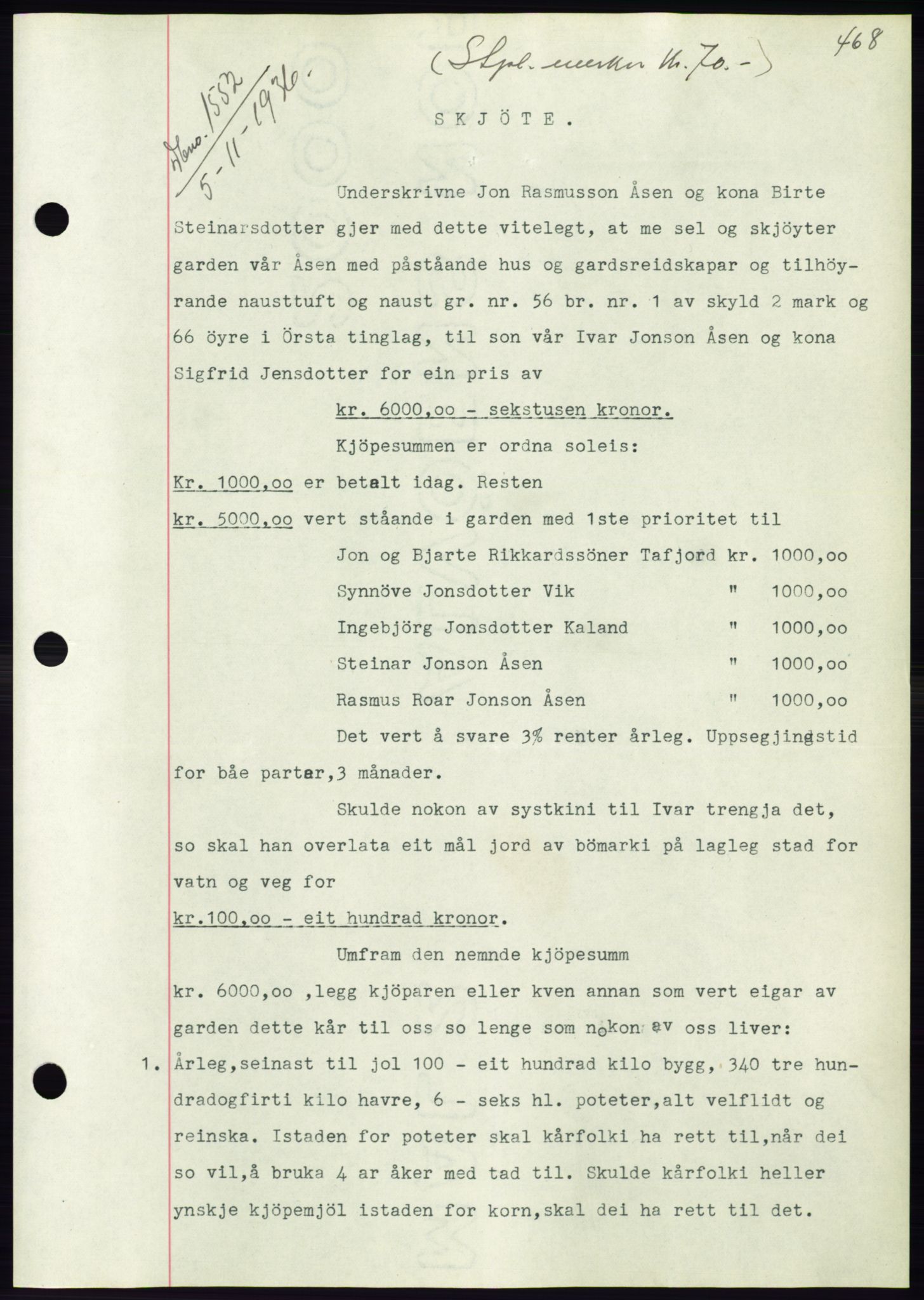 Søre Sunnmøre sorenskriveri, AV/SAT-A-4122/1/2/2C/L0061: Pantebok nr. 55, 1936-1936, Dagboknr: 1552/1936