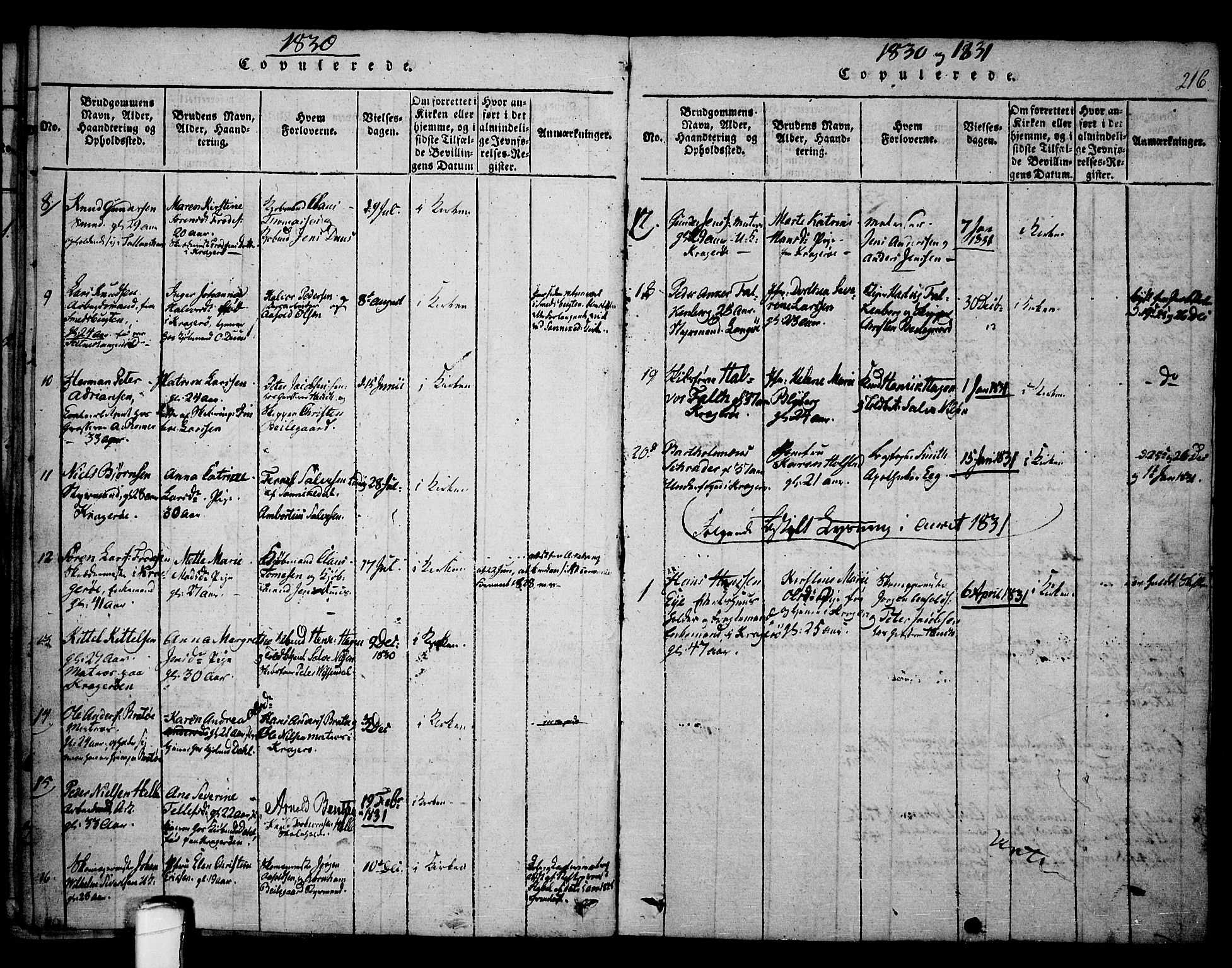 Kragerø kirkebøker, AV/SAKO-A-278/F/Fa/L0004: Ministerialbok nr. 4, 1814-1831, s. 216