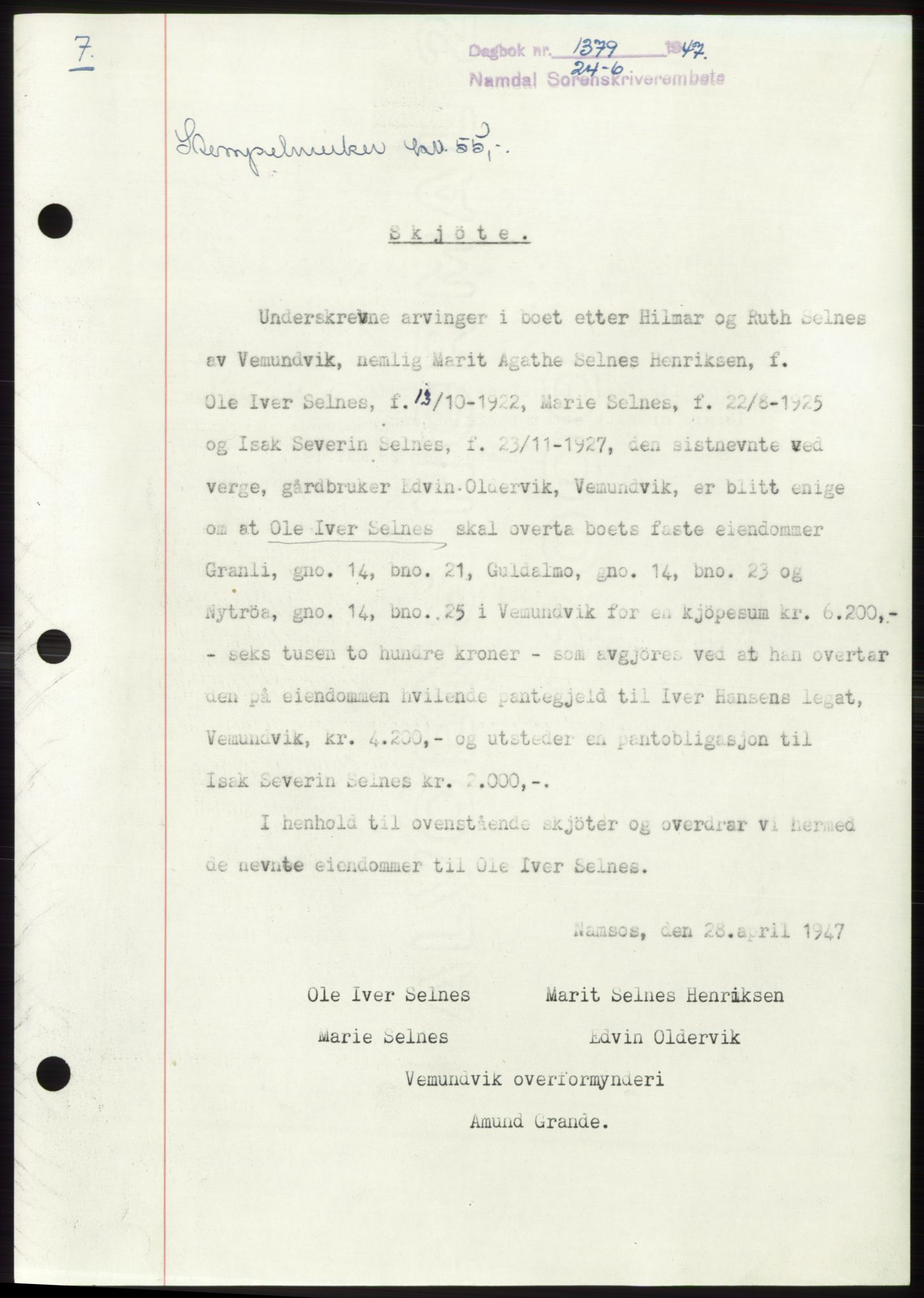 Namdal sorenskriveri, SAT/A-4133/1/2/2C: Pantebok nr. -, 1947-1947, Dagboknr: 1379/1947