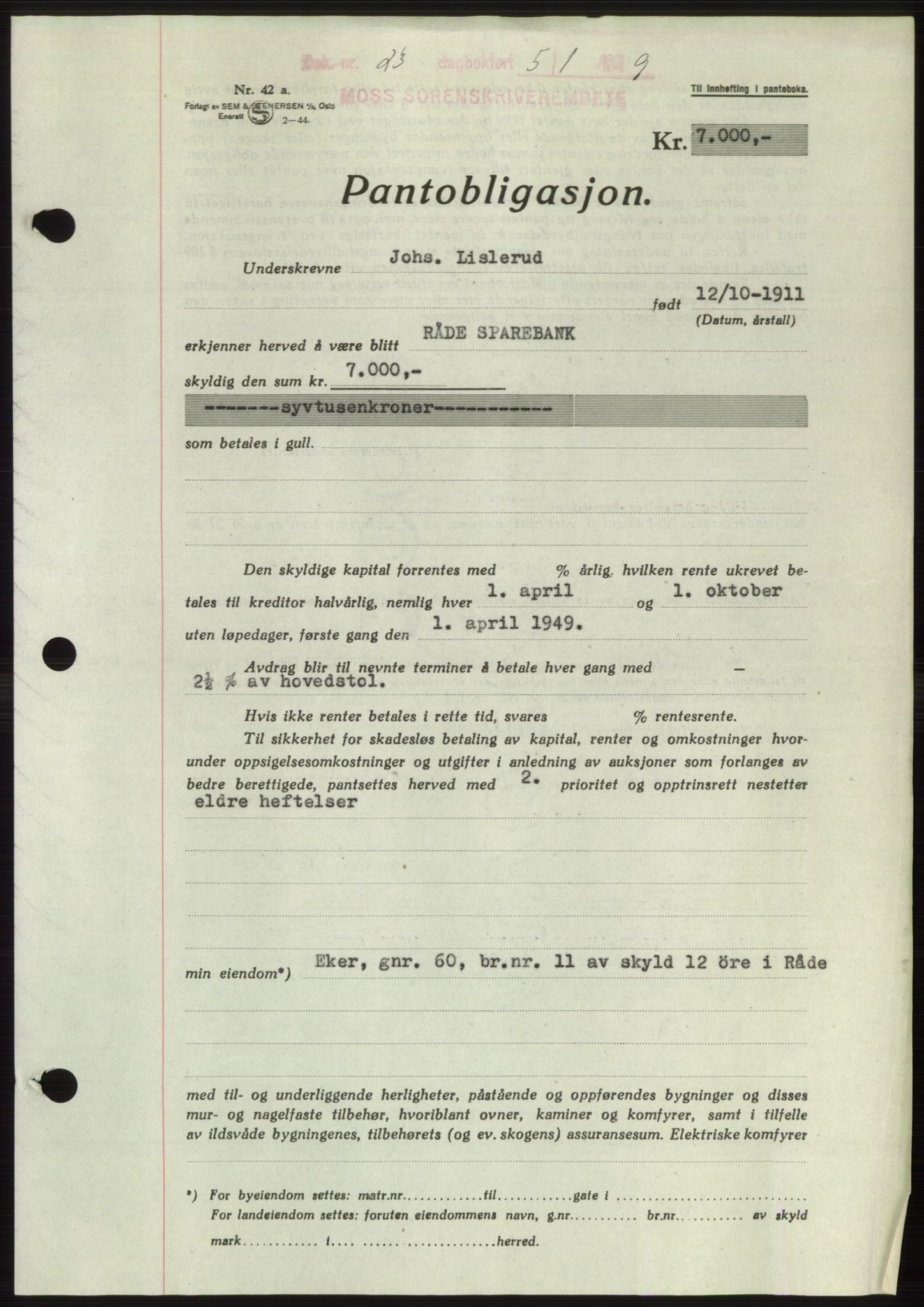 Moss sorenskriveri, SAO/A-10168: Pantebok nr. B21, 1949-1949, Dagboknr: 23/1949
