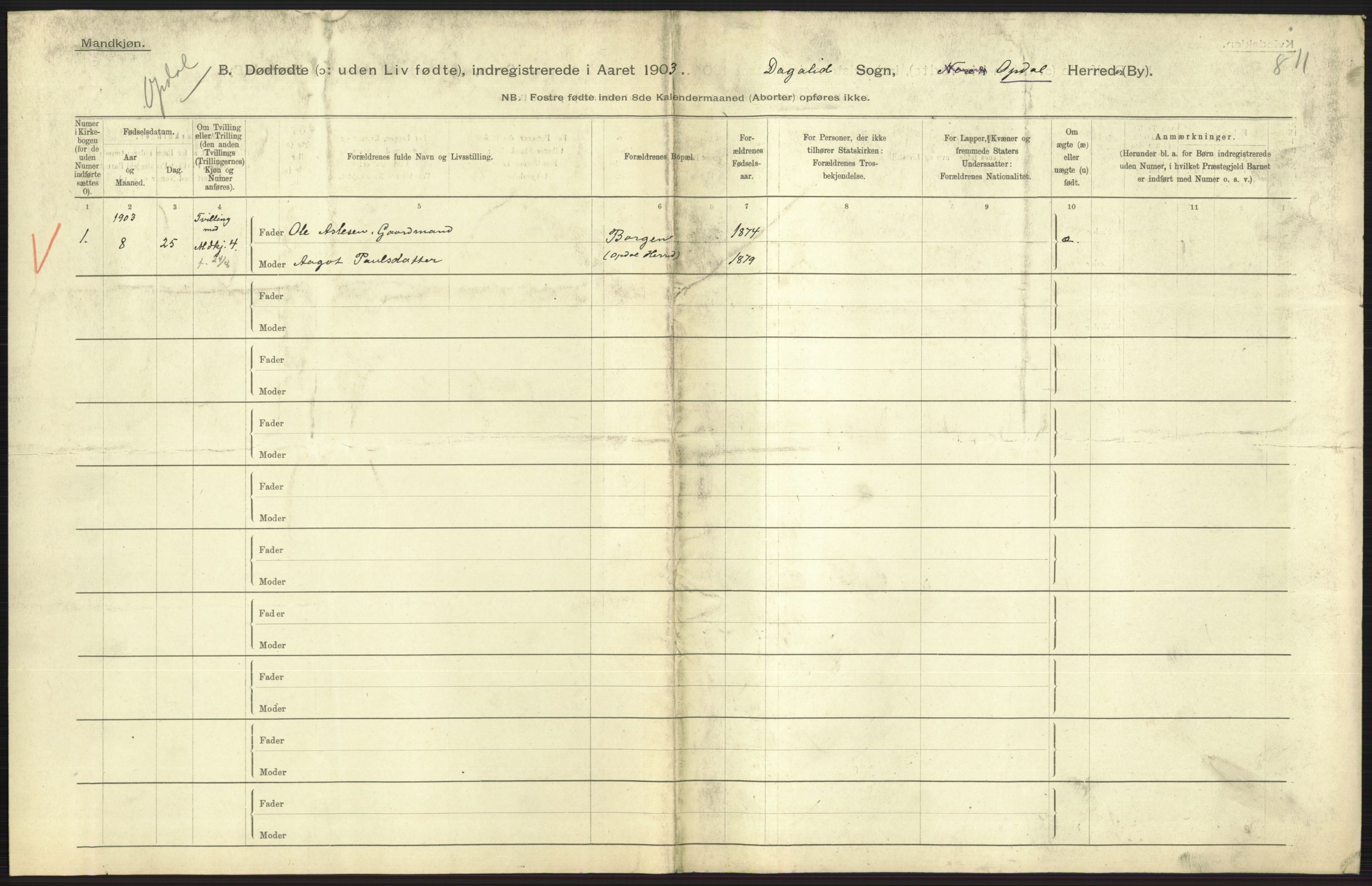 Statistisk sentralbyrå, Sosiodemografiske emner, Befolkning, AV/RA-S-2228/D/Df/Dfa/Dfaa/L0024: Smålenenes - Stavanger amt: Dødfødte. Bygder., 1903, s. 291