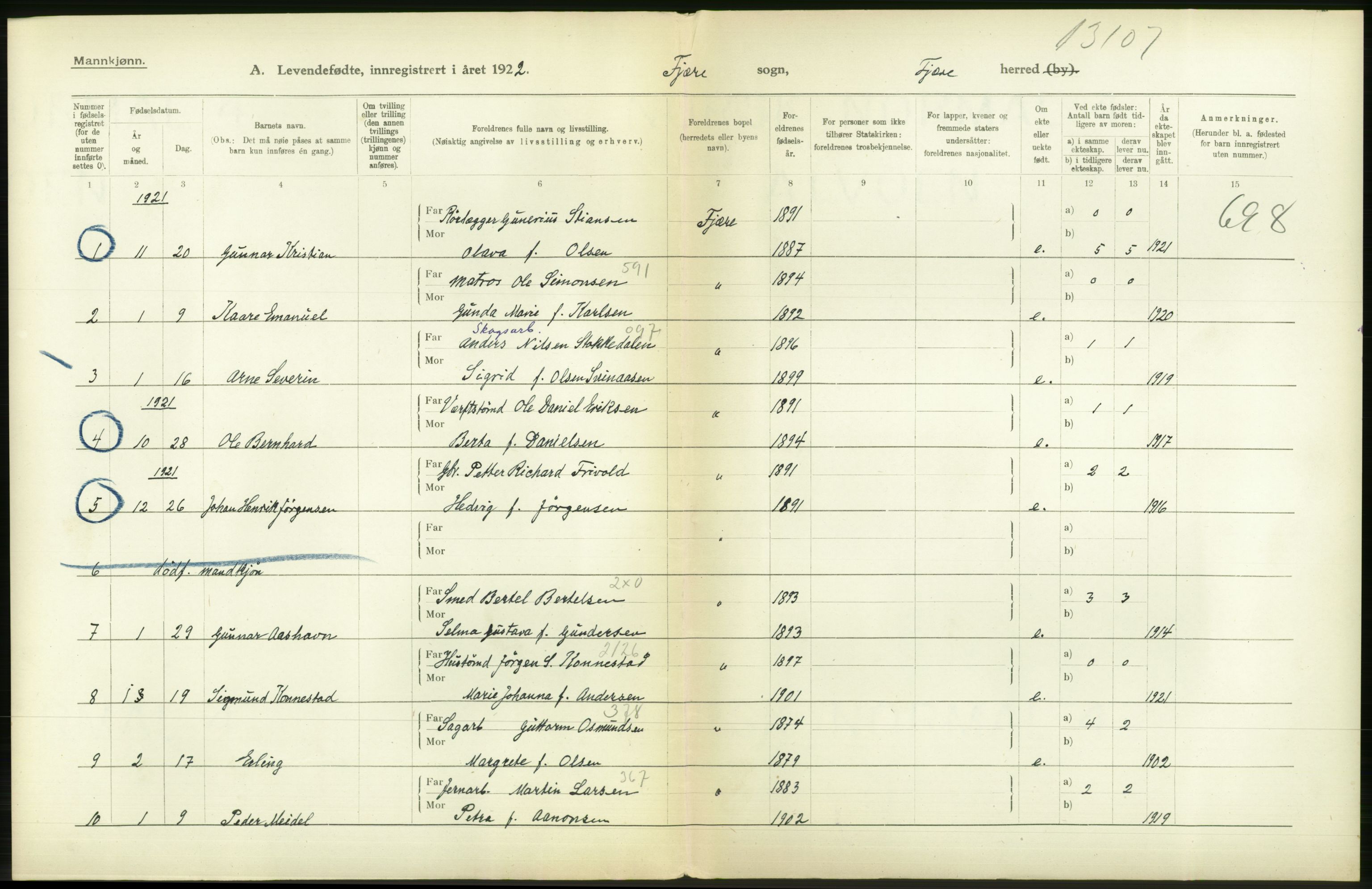 Statistisk sentralbyrå, Sosiodemografiske emner, Befolkning, RA/S-2228/D/Df/Dfc/Dfcb/L0021: Aust-Agder fylke: Levendefødte menn og kvinner, gifte, døde, dødfødte. Bygder og byer., 1922, s. 96