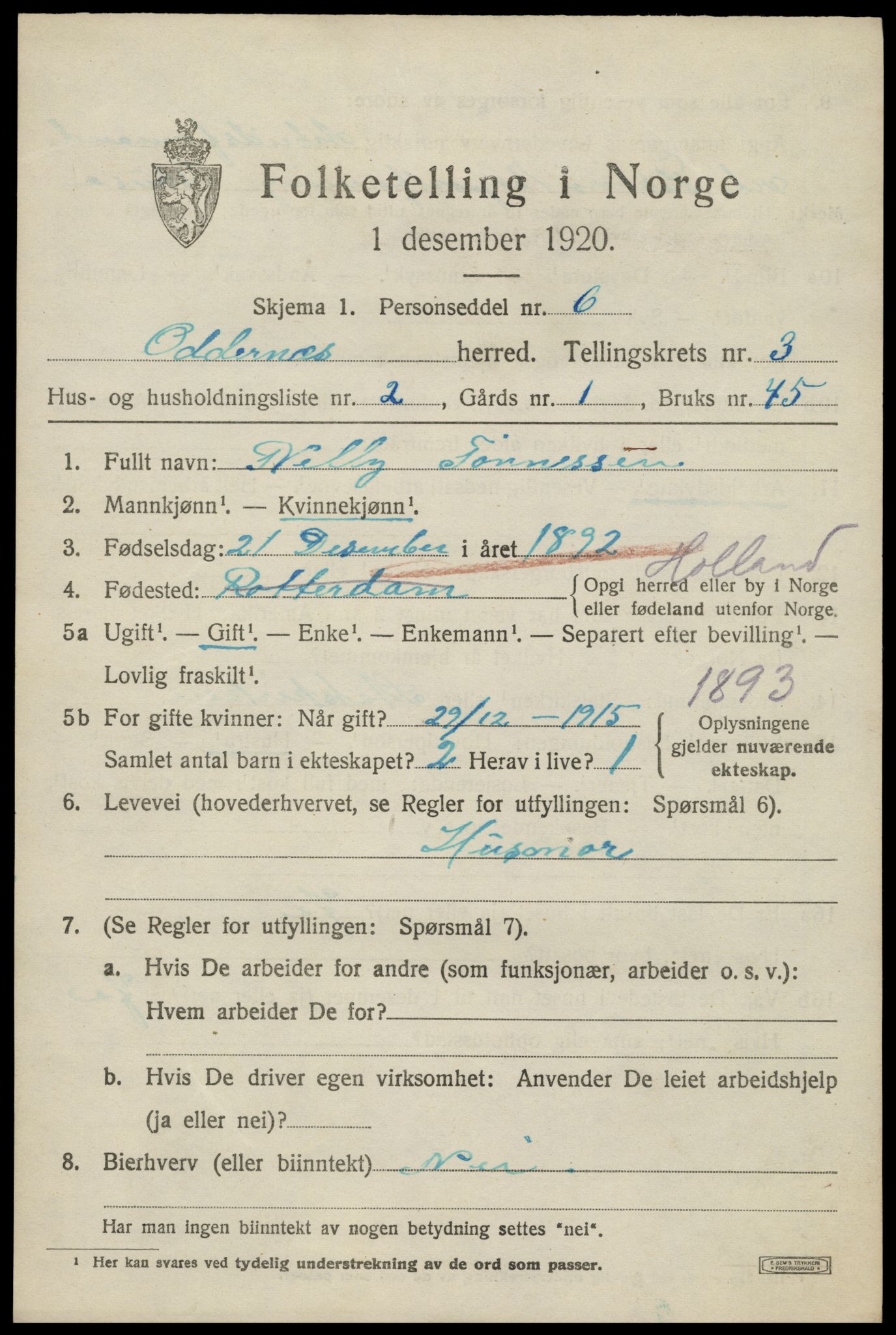 SAK, Folketelling 1920 for 1012 Oddernes herred, 1920, s. 3365