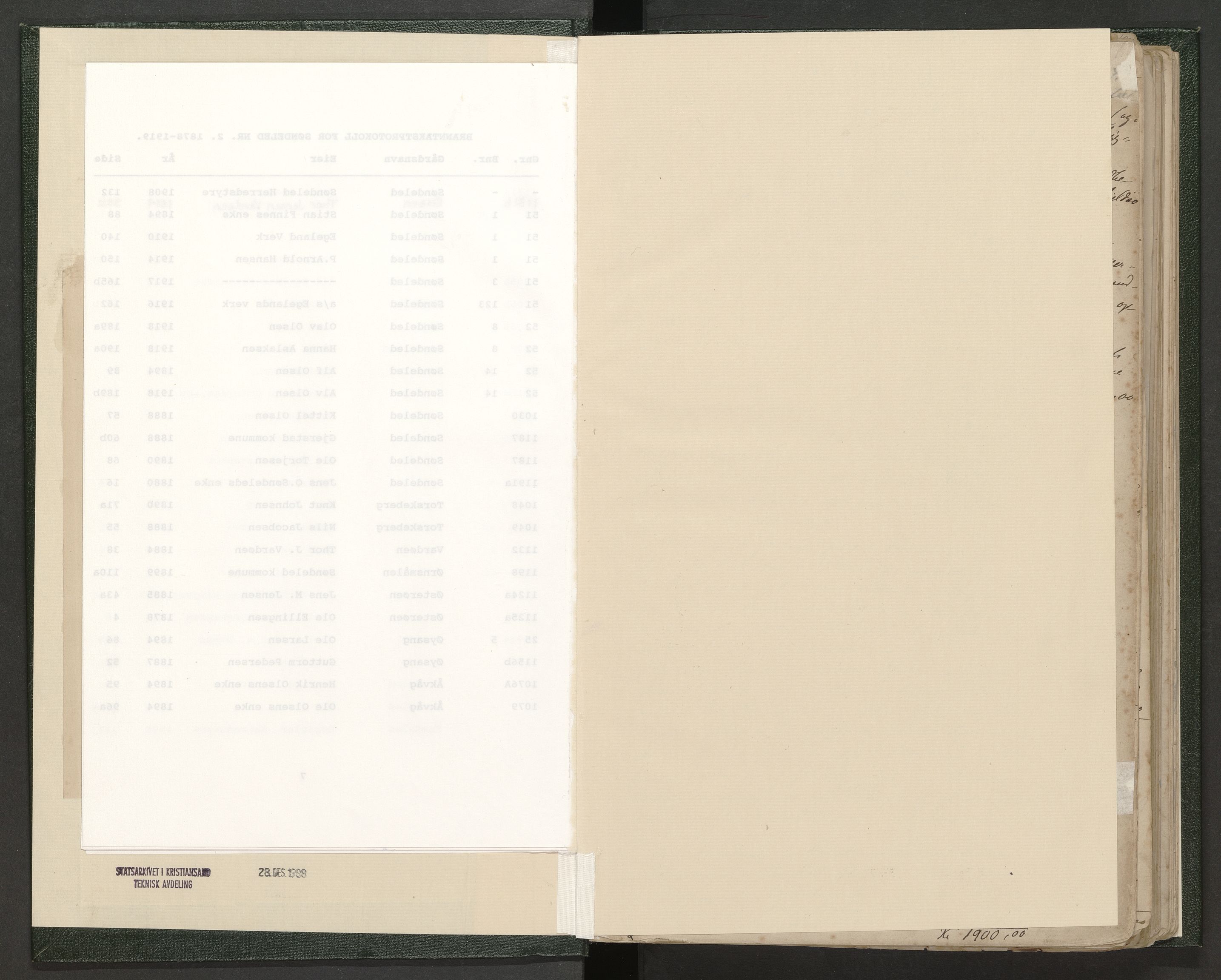 Norges Brannkasse Søndeled, AV/SAK-2241-0047/F/Fa/L0002: Branntakstprotokoll nr 2 med gårdsnavnregister, 1878-1919