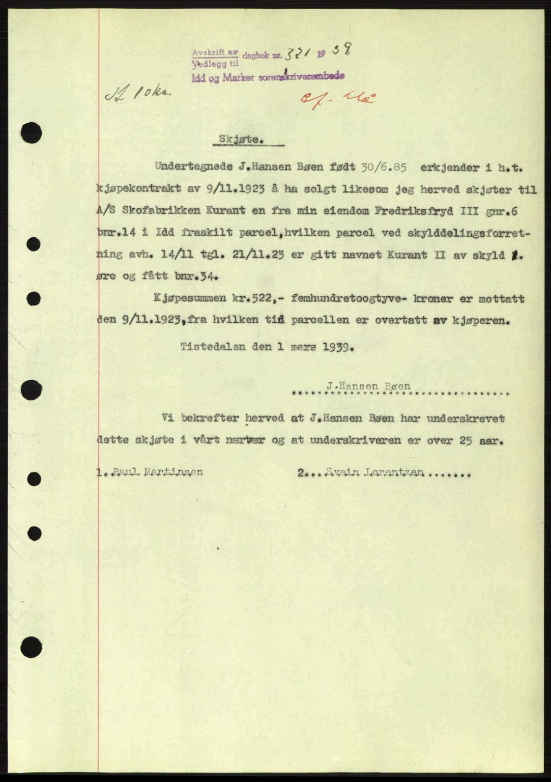 Idd og Marker sorenskriveri, AV/SAO-A-10283/G/Gb/Gbb/L0003: Pantebok nr. A3, 1938-1939, Dagboknr: 321/1939