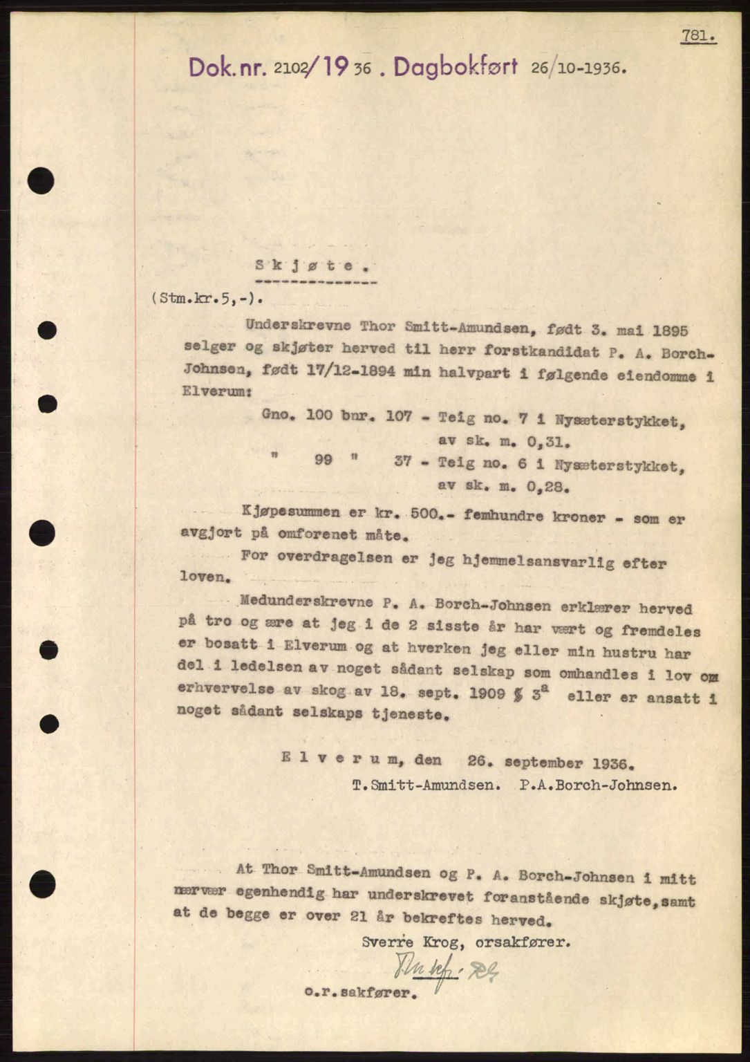 Sør-Østerdal sorenskriveri, SAH/TING-018/H/Hb/Hbb/L0054: Pantebok nr. A54, 1936-1936, Dagboknr: 2102/1936