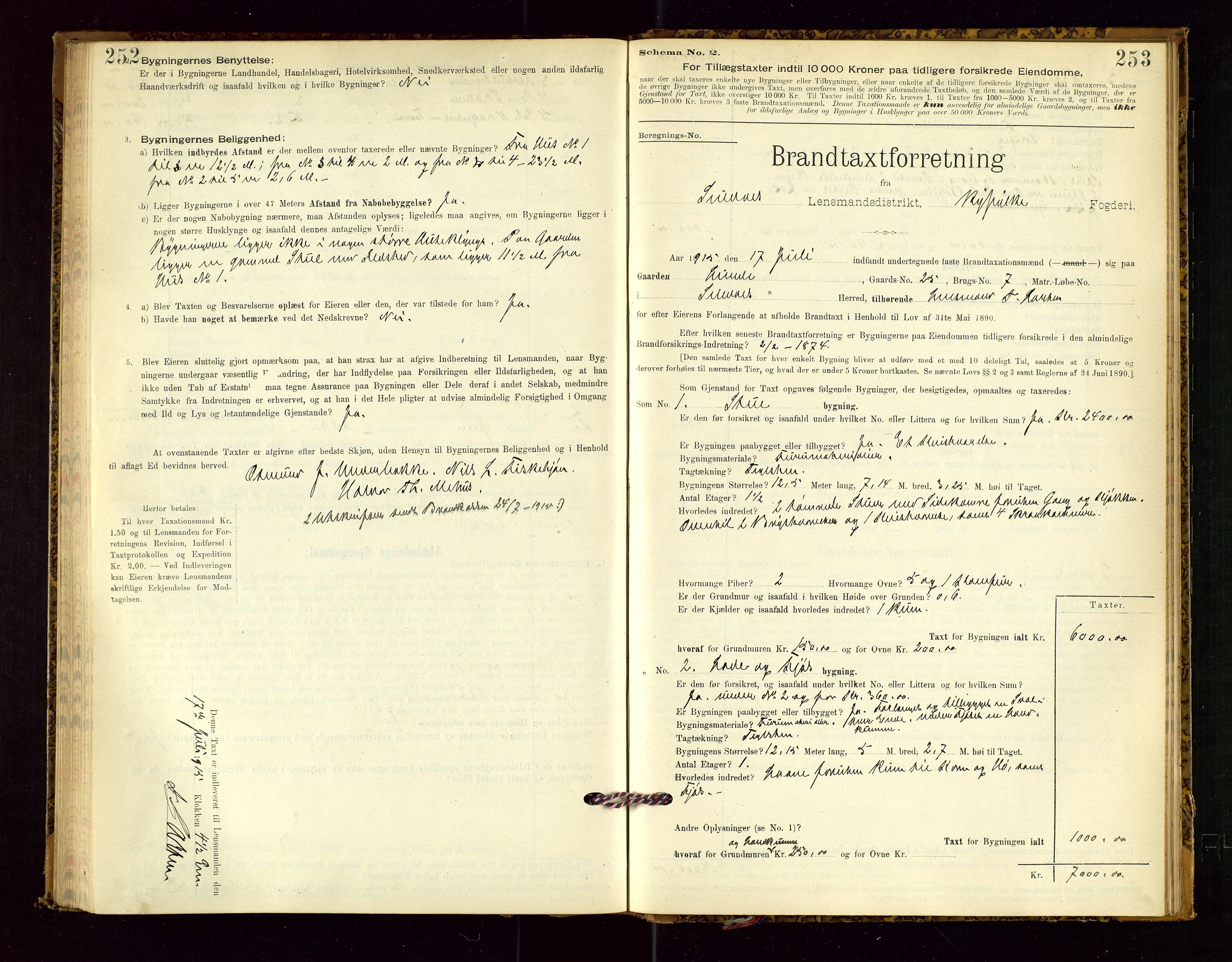 Suldal lensmannskontor, SAST/A-100419/Gob/L0001: "Brandtaxationsprotokol", 1894-1923, s. 252-253