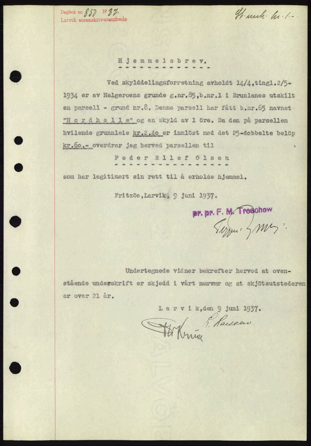 Larvik sorenskriveri, SAKO/A-83/G/Ga/Gab/L0067: Pantebok nr. A-1, 1936-1937, Dagboknr: 850/1937