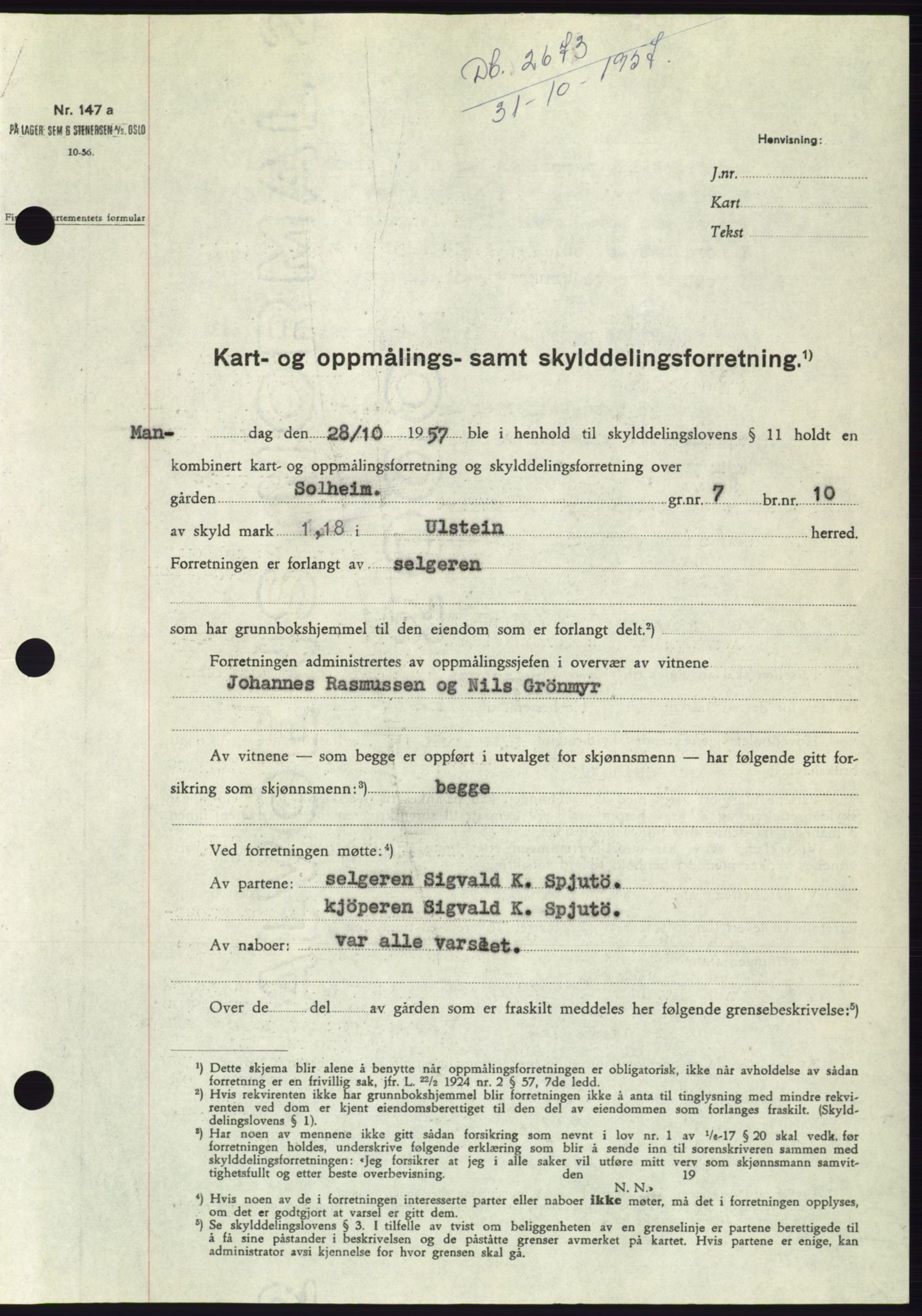Søre Sunnmøre sorenskriveri, AV/SAT-A-4122/1/2/2C/L0108: Pantebok nr. 34A, 1957-1958, Dagboknr: 2673/1957