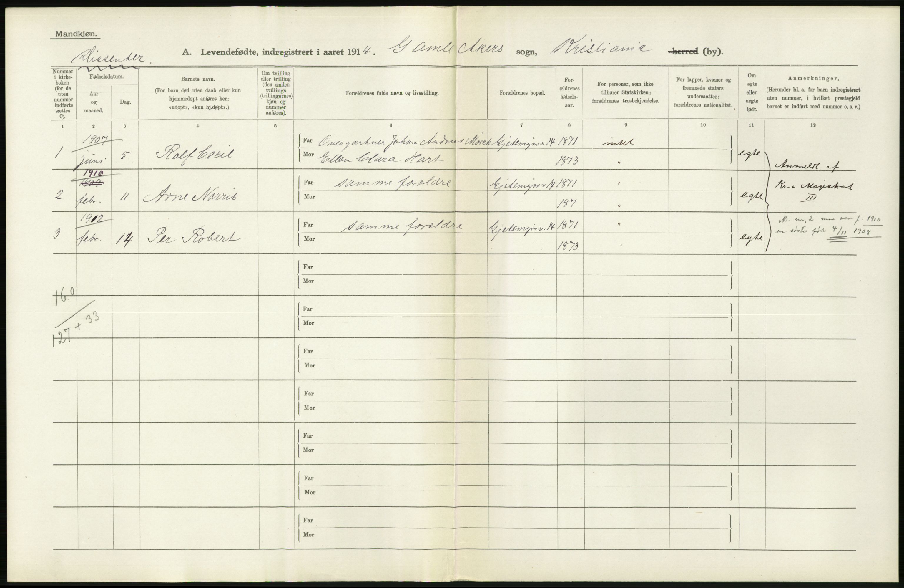 Statistisk sentralbyrå, Sosiodemografiske emner, Befolkning, RA/S-2228/D/Df/Dfb/Dfbd/L0006: Kristiania: Levendefødte menn og kvinner., 1914, s. 318