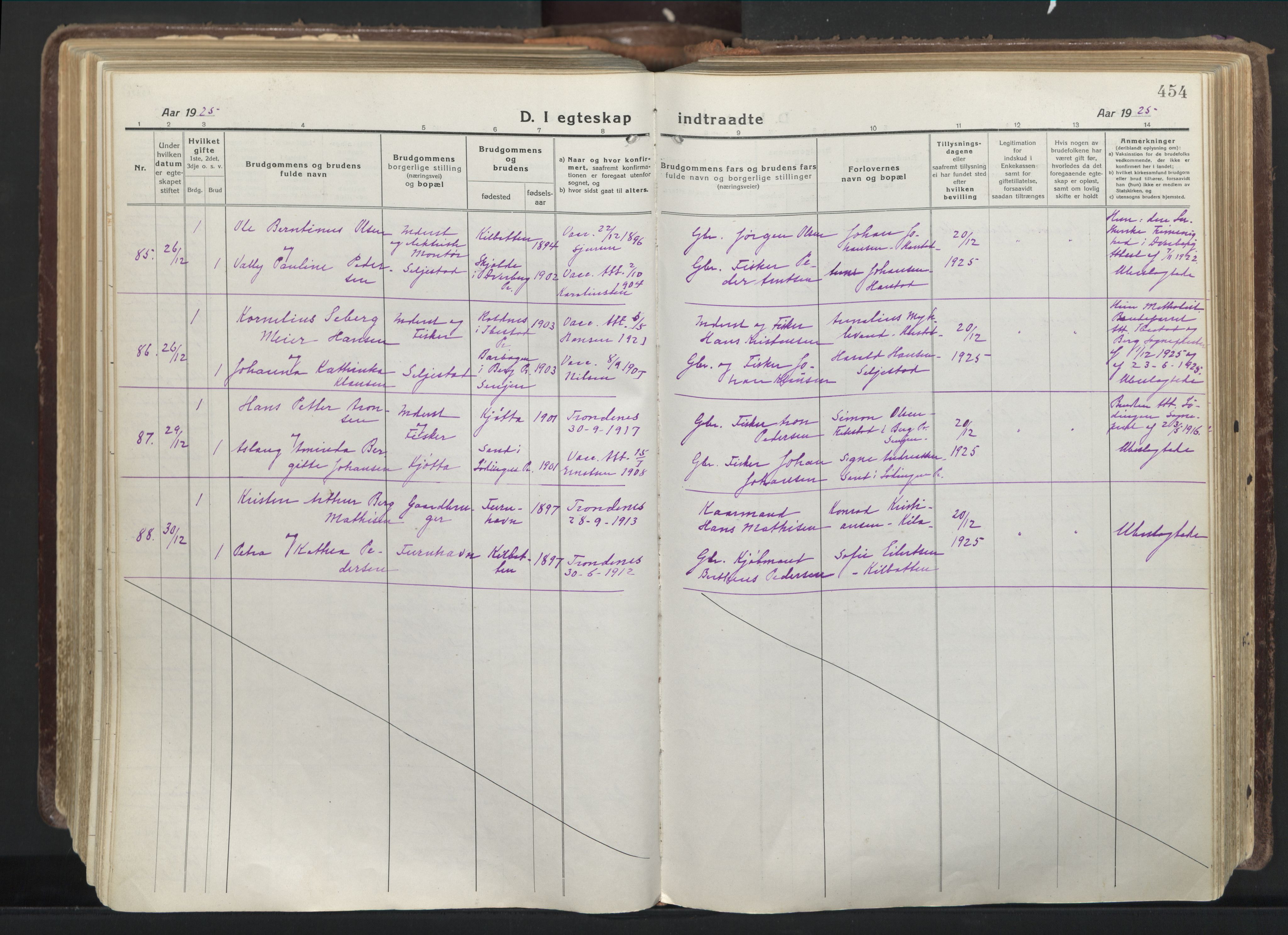 Trondenes sokneprestkontor, AV/SATØ-S-1319/H/Ha/L0019kirke: Ministerialbok nr. 19, 1919-1928, s. 454